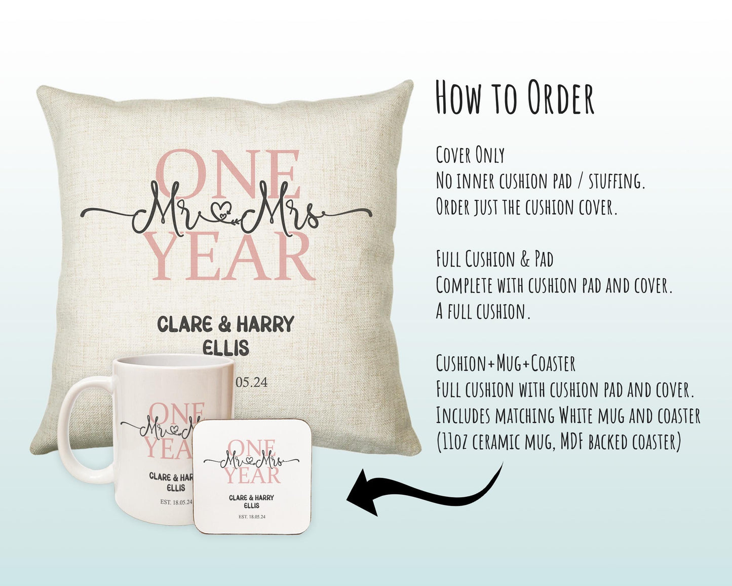 1st Wedding Anniversary Gift for Him for Her - First Cotton Anniversary Gift Cushion Personalised with Names Date Mr and Mrs Married BNJ01C