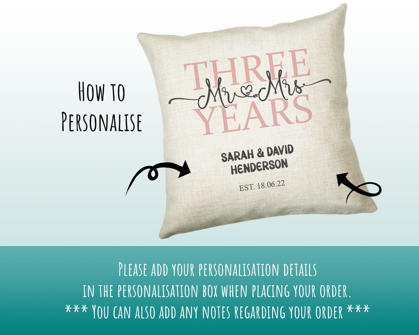 3rd Wedding Anniversary Gift for Him for Her - Third Cotton Anniversary Gift Cushion Personalised with Names Date Mr and Mrs Married BNJ03C