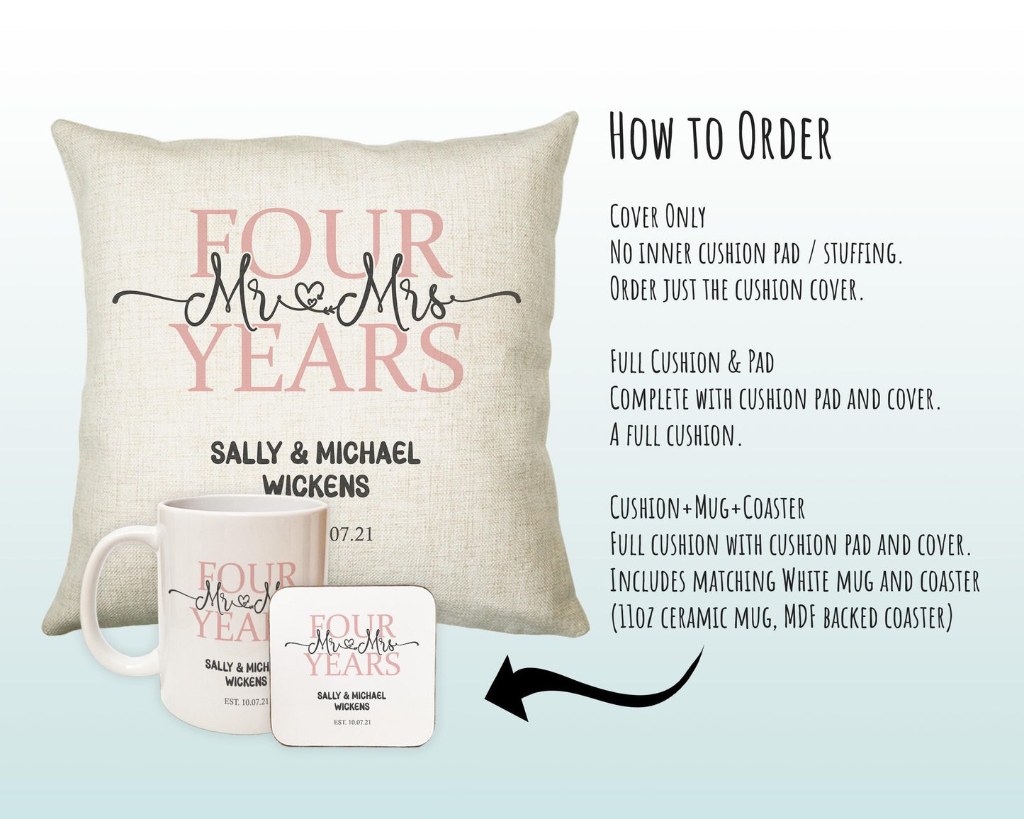 4th Wedding Anniversary Gift for Him for Her - Forth Cotton Anniversary Gift Cushion Personalised with Names Date Mr and Mrs Married BNJ04C