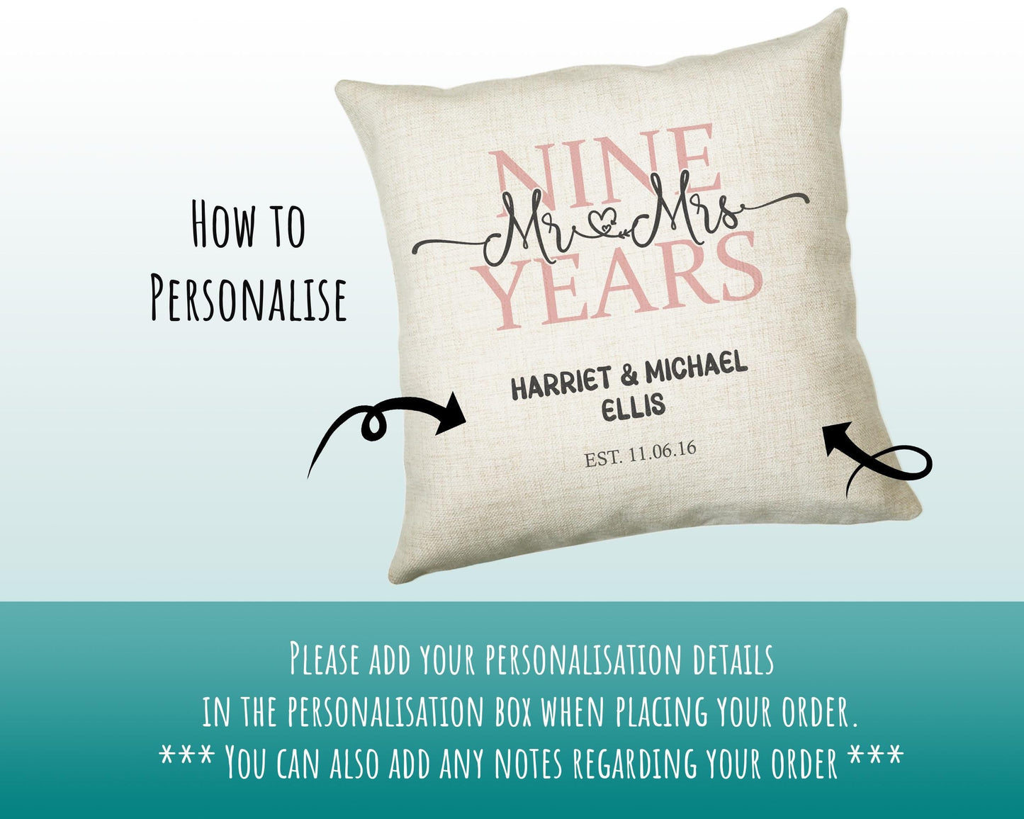 9th Wedding Anniversary Gift for Him for Her - Ninth Cotton Anniversary Gift Cushion Personalised with Names Date Mr and Mrs Married BNJ09C