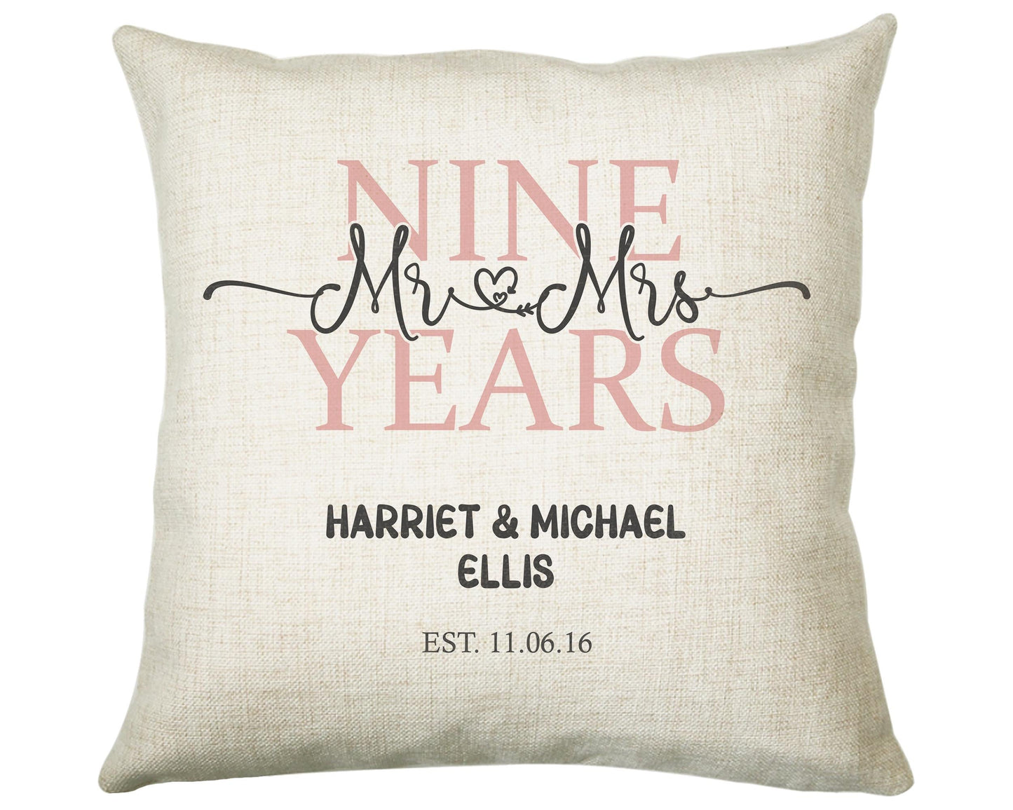 9th Wedding Anniversary Gift for Him for Her - Ninth Cotton Anniversary Gift Cushion Personalised with Names Date Mr and Mrs Married BNJ09C