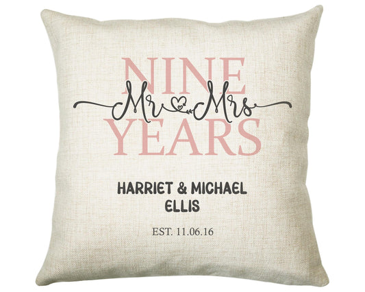 9th Wedding Anniversary Gift for Him for Her - Ninth Cotton Anniversary Gift Cushion Personalised with Names Date Mr and Mrs Married BNJ09C
