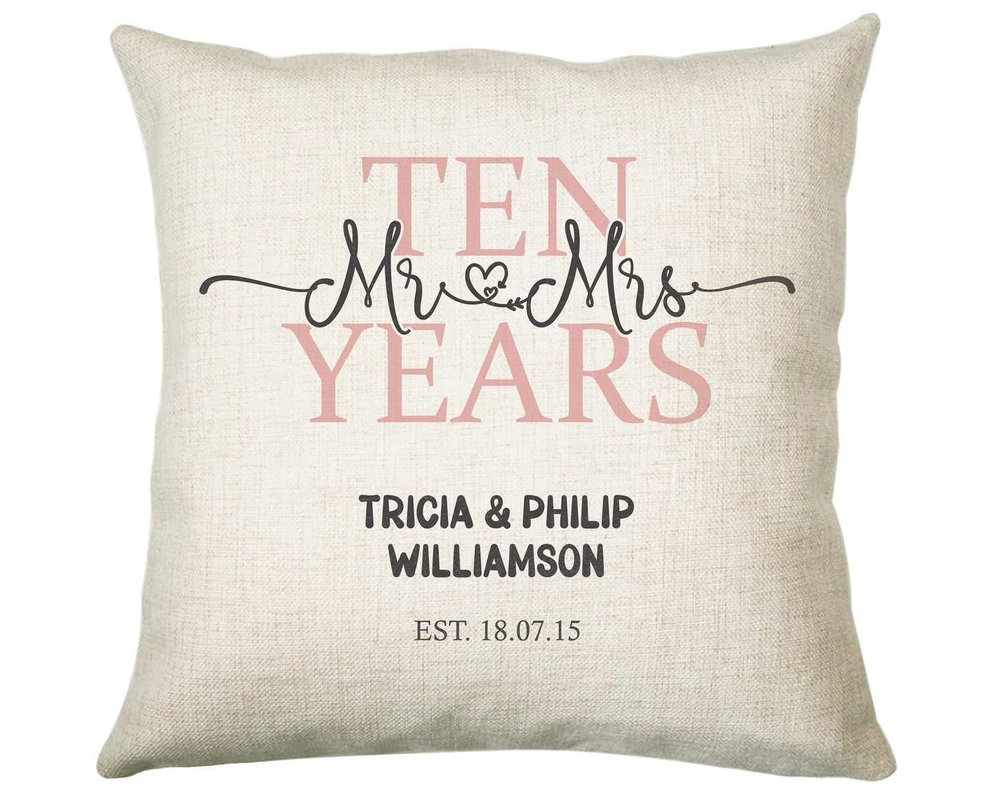 10th Wedding Anniversary Gift for Him for Her - Tenth Cotton Anniversary Gift Cushion Personalised with Names Date Mr and Mrs Married BNJ10C