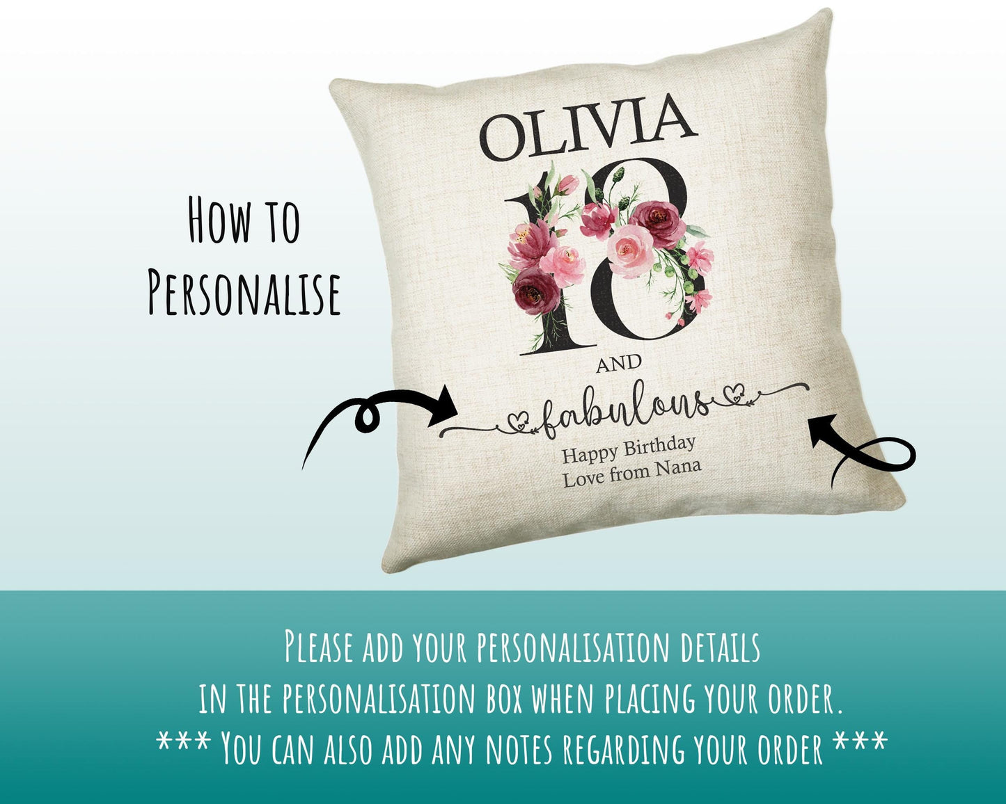 18th Birthday Gift for Women - Personalised 18 and Fabulous Birthday Cushion Age 18 Gift for Her - Ladies Floral Daughter Eighteen BNK18C