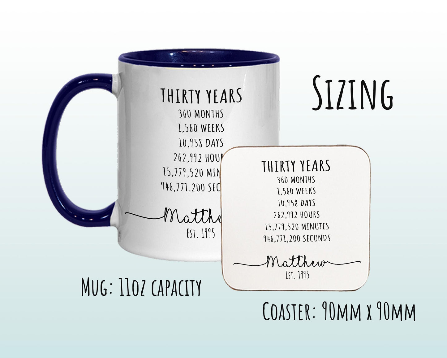 30th Birthday Gift for Men - Personalised Birthday Coffee Mug Coaster Age 30 Gift for Him Mens Lifetime Design - Son Brother Thirty BNE30M