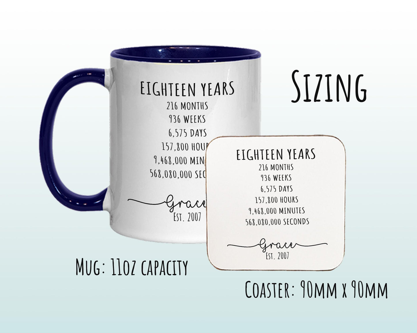 18th Birthday Gift for Her - Personalised Birthday Coffee Mug Coaster Age 18 Gift for Women Lifetime Design Daughter Sister Eighteen BNE18M