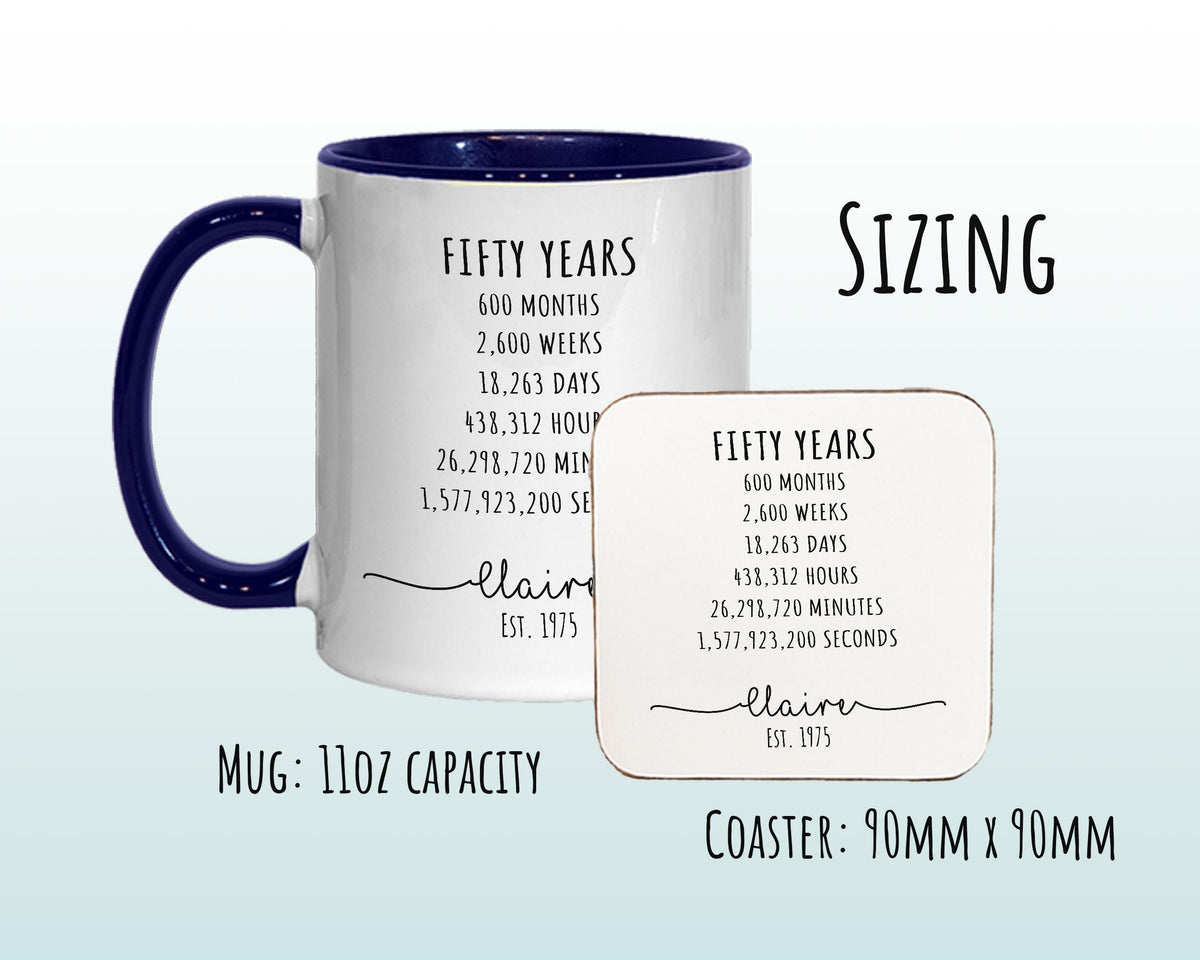 50th Birthday Gift for Her - Personalised Birthday Coffee Mug Coaster Age 50 Gift for Women Lifetime Design Daughter Mum Sister Fifty BNE50M