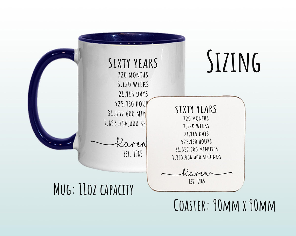 60th Birthday Gift for Her - Personalised Birthday Coffee Mug Coaster Age 60 Gift for Women Lifetime Design Mum Nan Sister Sixty BNE60M