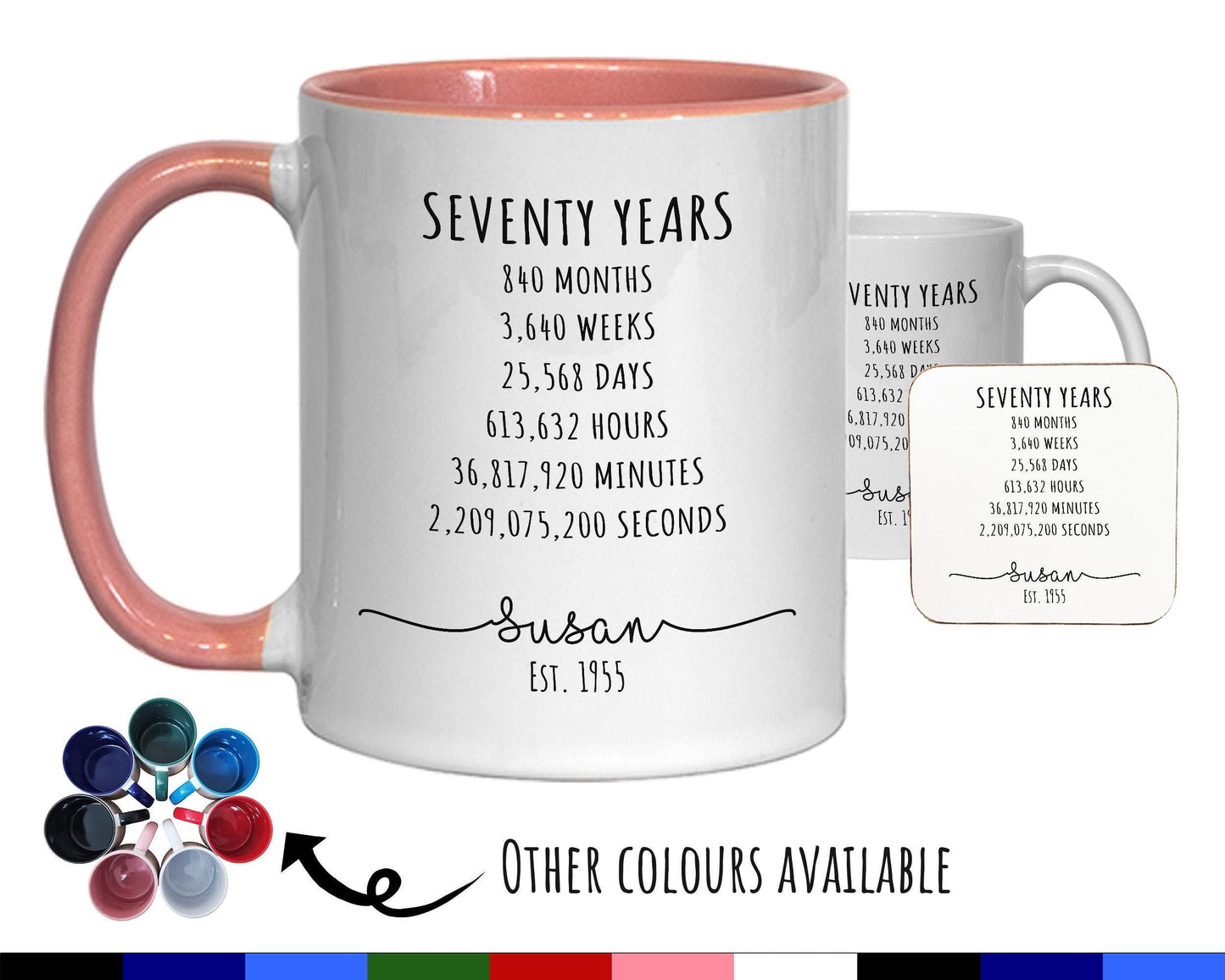 70th Birthday Gift for Her - Personalised Birthday Coffee Mug Coaster Age 70 Gift for Women Lifetime Design Mum Nan Sister Seventy BNE70M