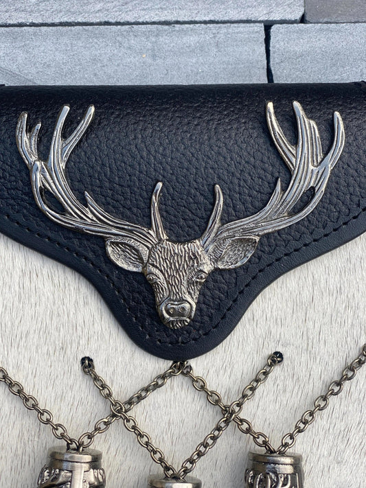 White Fur & Leather Stag Head Cantle Sporran with Celtic Thistle Tassels – Premium Scottish Kilt Accessory