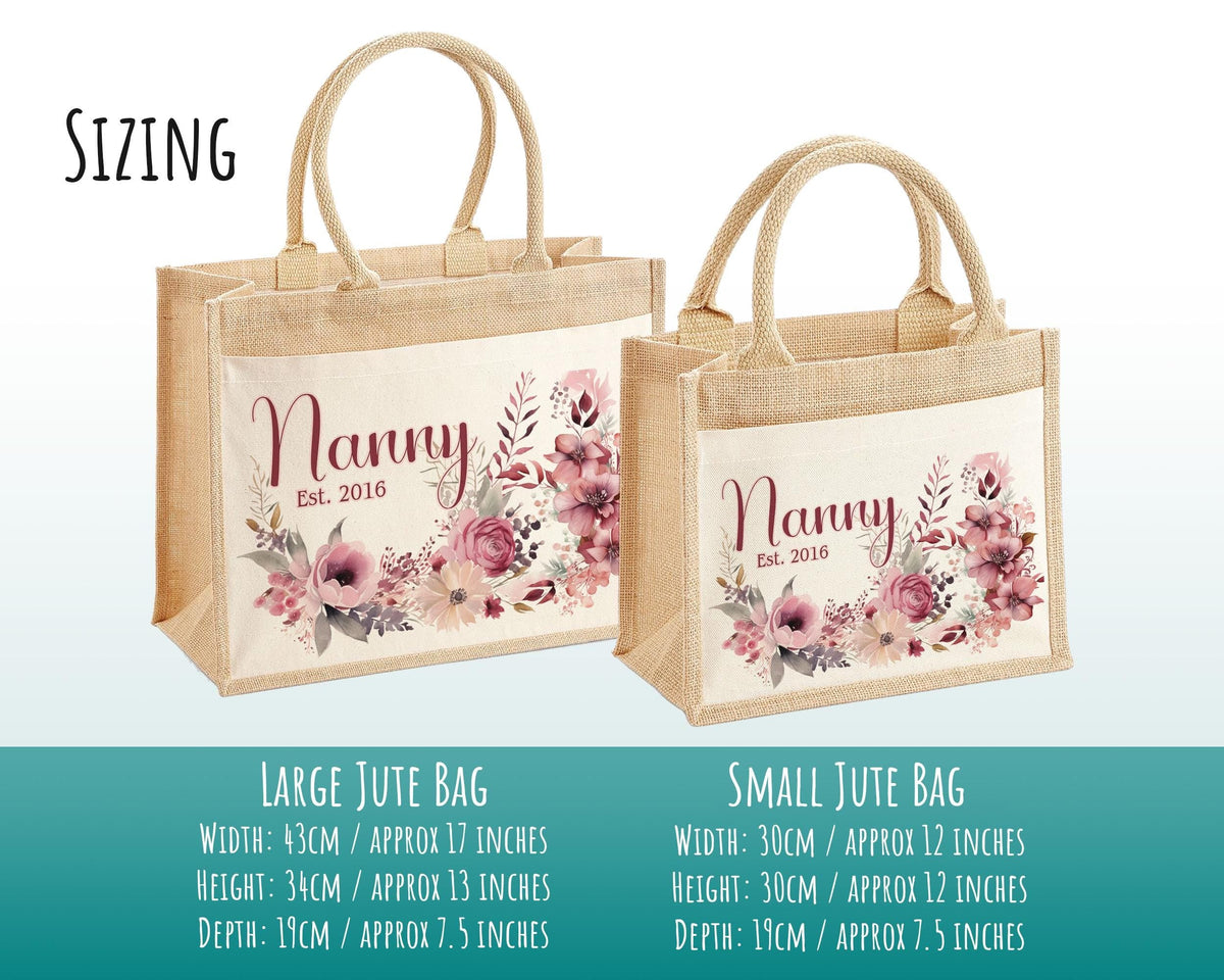 Nanny Gift Personalised Jute Bag - Floral Pink Tote Bag Gift for Grandma Nan - Custom Shopping Market Bag - Nanny Bag for Nan Birthday BT005
