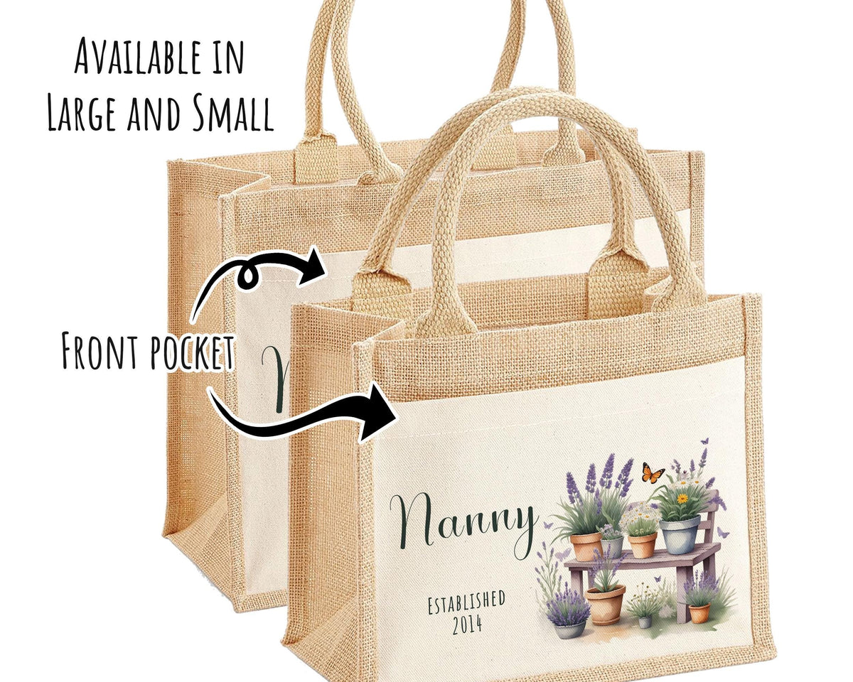 Nanny Gift Personalised Jute Bag - Garden Plants Tote Bag Design Gift for Grandma Nan - Custom Shopping Market Bag for Nans Birthday BT010