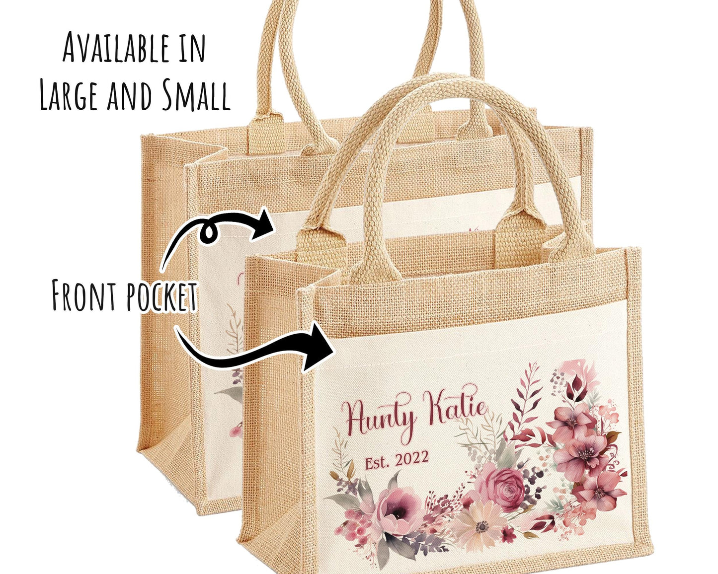 Aunty Gift Personalised Jute Bag - Auntie Birthday Gift Floral Tote Bag Gift for Her Family Friend - Custom Shopping Market Tote Bag BT005