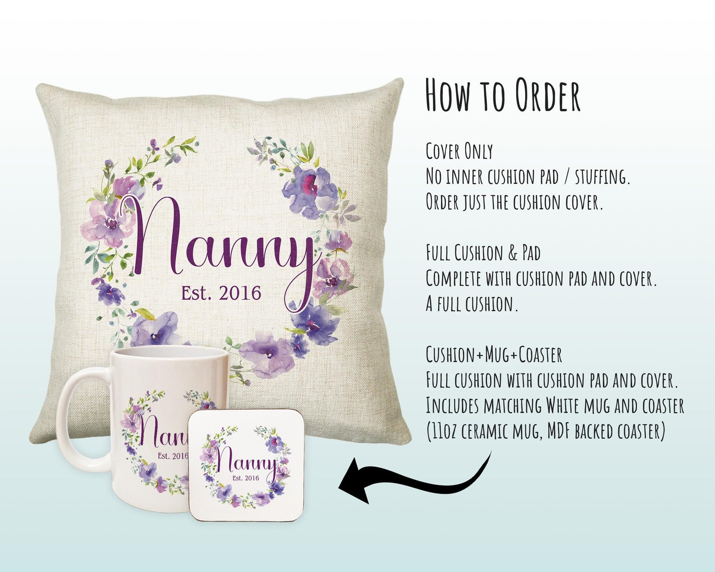 Nanny Gift Cushion - Personalised Scatter Cushion Pillow for Her Women - Purple Floral Wreath Custom Name Gift for Nan Mothers Day BC006