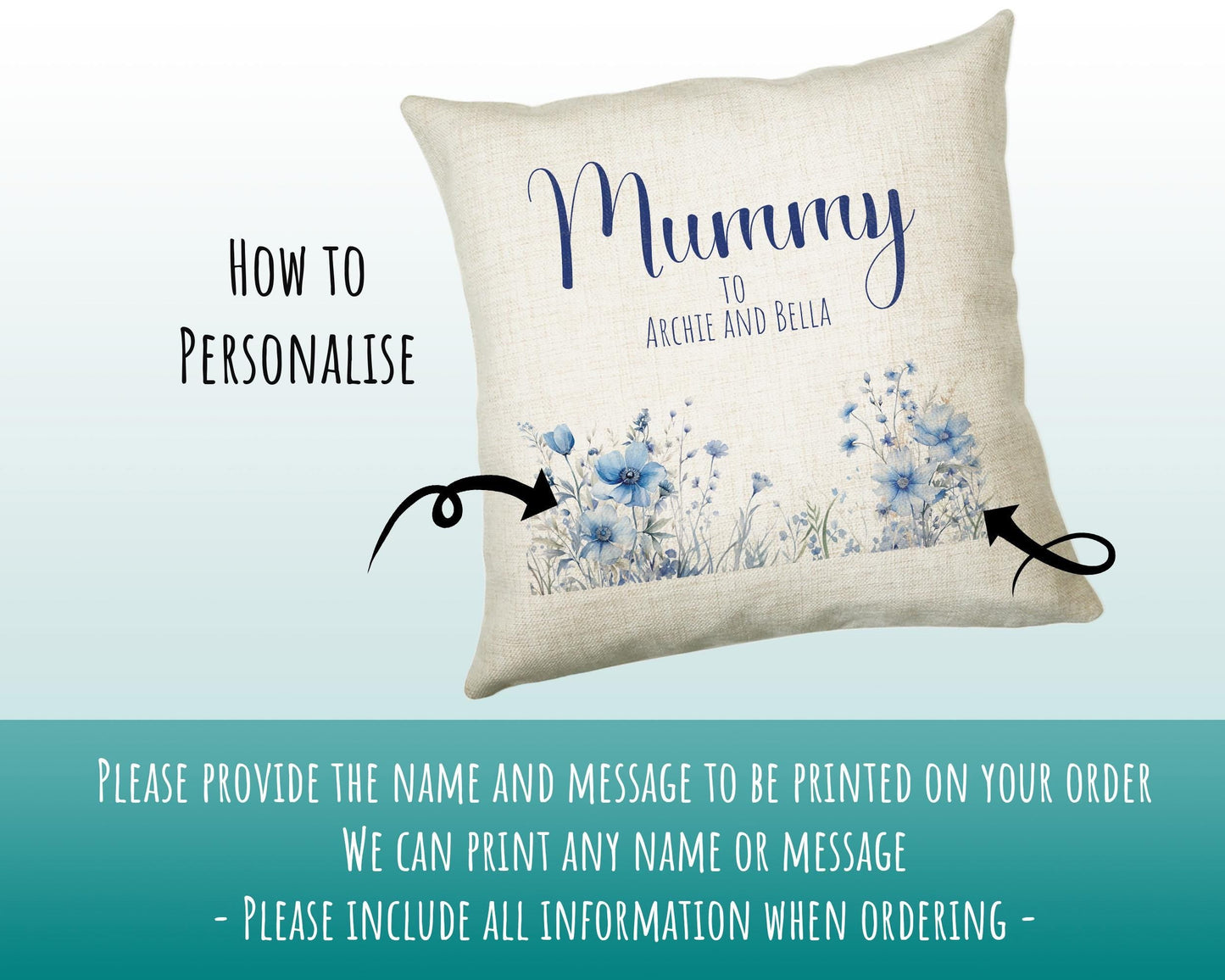 Mummy Gift Cushion - Personalised Scatter Cushion Pillow for Her Women - Blue Wild Flower Design with Custom Name for Mum Mothers Day BC002