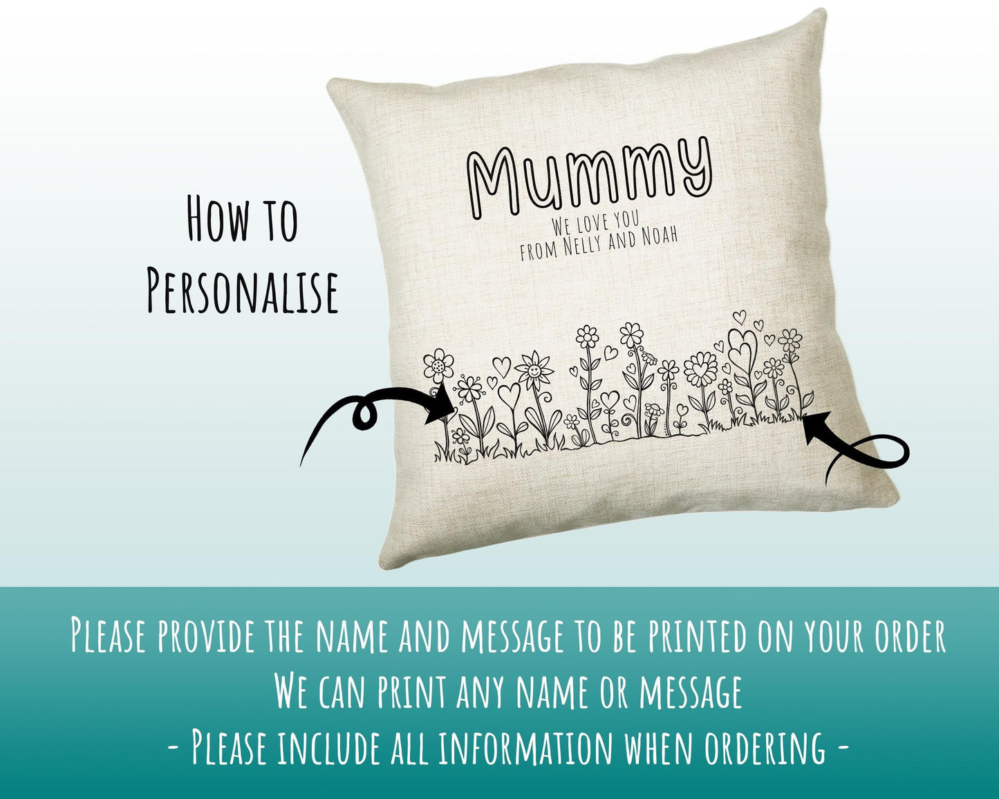 Mummy Gift Cushion - Personalised Scatter Cushion Pillow for Her Women - Hearts Flowers Custom Name Mama Gift for Mum Mothers Day BC008