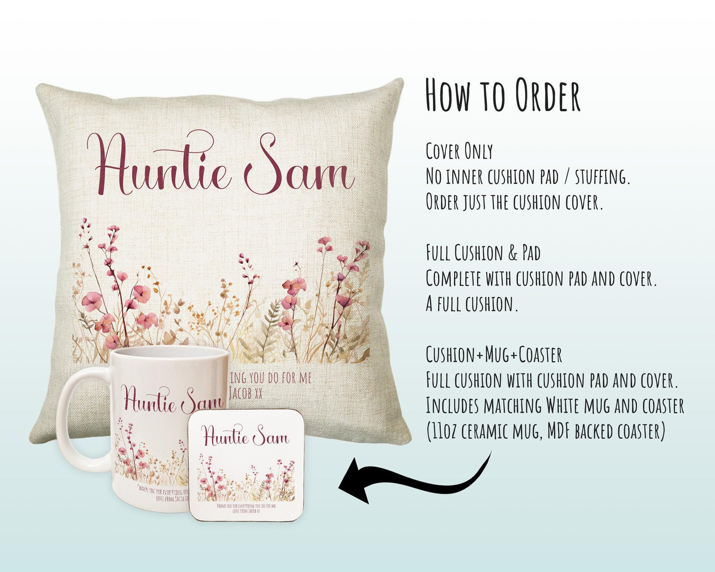 Aunty Gift Cushion - Personalised Scatter Cushion Pillow for Her Women - Pink Wild Flower Design Custom Name Gift for Aunt Mothers Day BC003