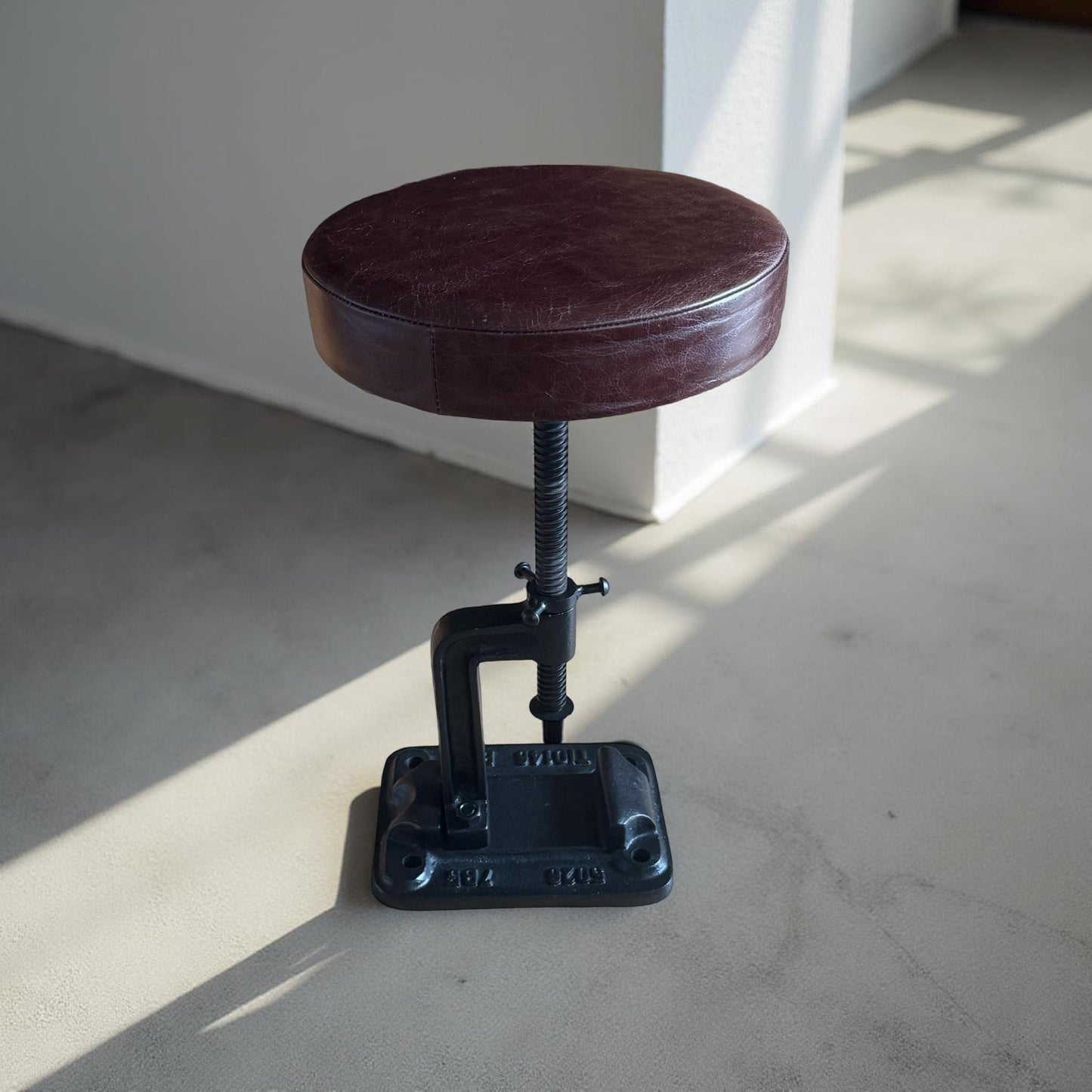 Vice Clamp Adjustable Stool | Cast Iron Industrial Seat | Leather Top