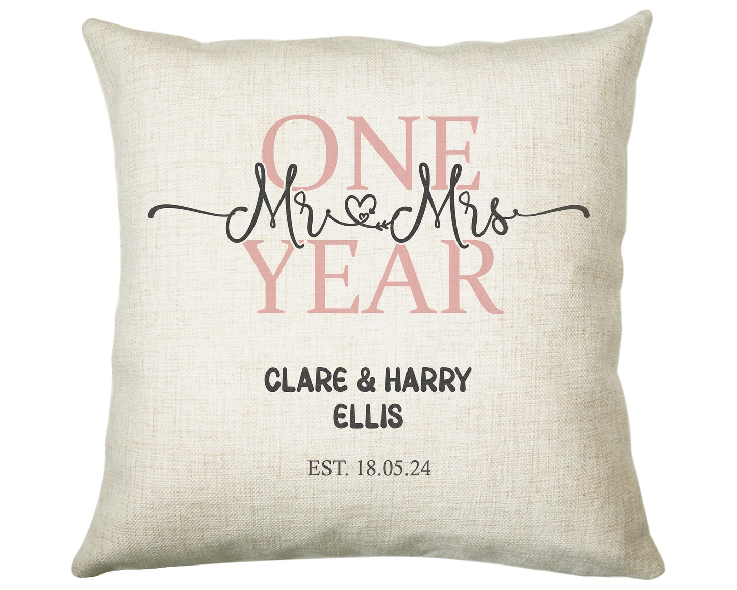1st Wedding Anniversary Gift for Him for Her - First Cotton Anniversary Gift Cushion Personalised with Names Date Mr and Mrs Married BNJ01C