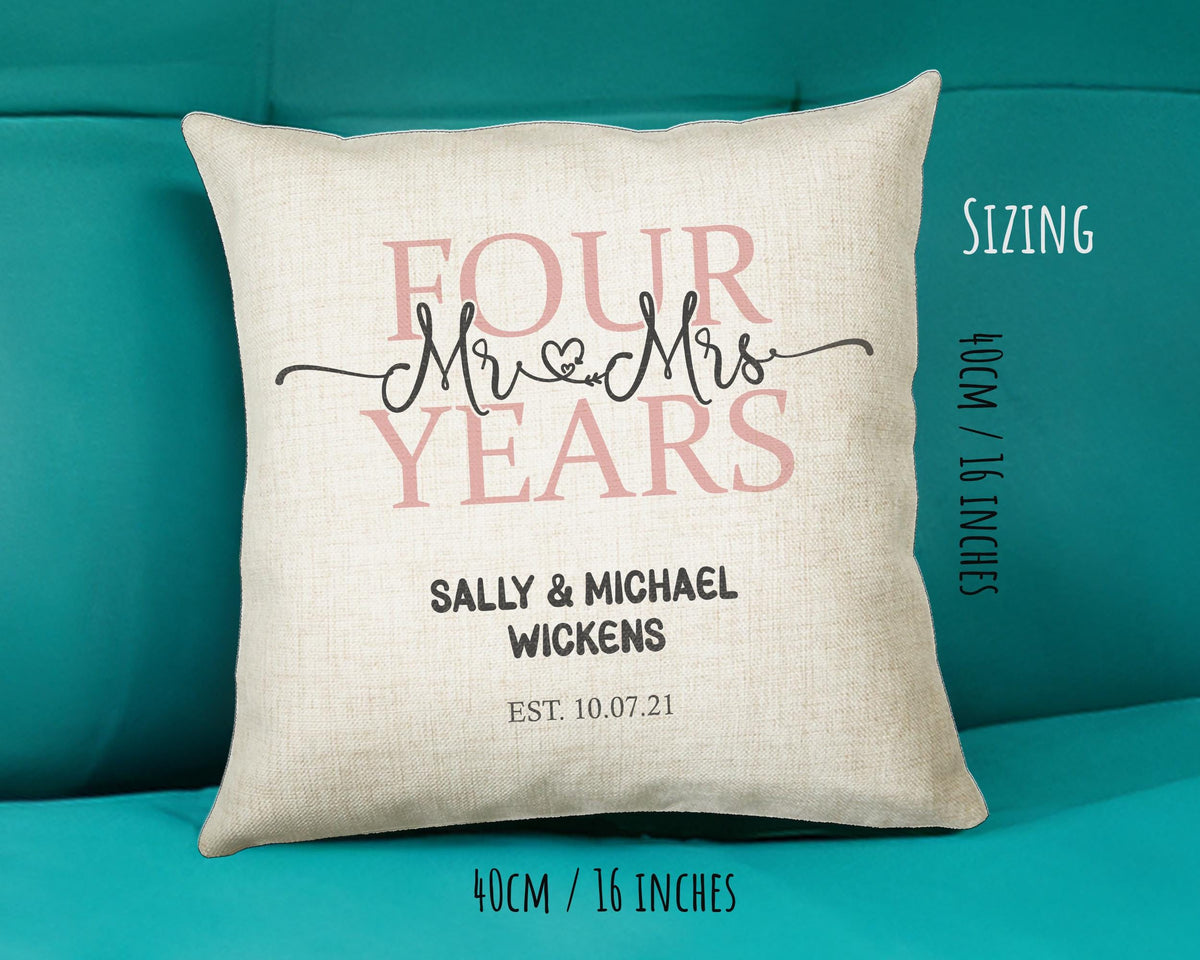 4th Wedding Anniversary Gift for Him for Her - Forth Cotton Anniversary Gift Cushion Personalised with Names Date Mr and Mrs Married BNJ04C