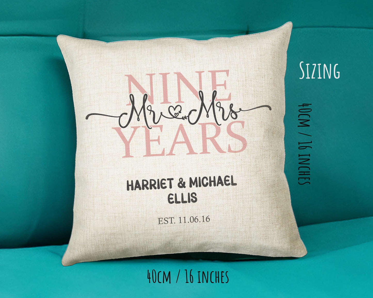 9th Wedding Anniversary Gift for Him for Her - Ninth Cotton Anniversary Gift Cushion Personalised with Names Date Mr and Mrs Married BNJ09C