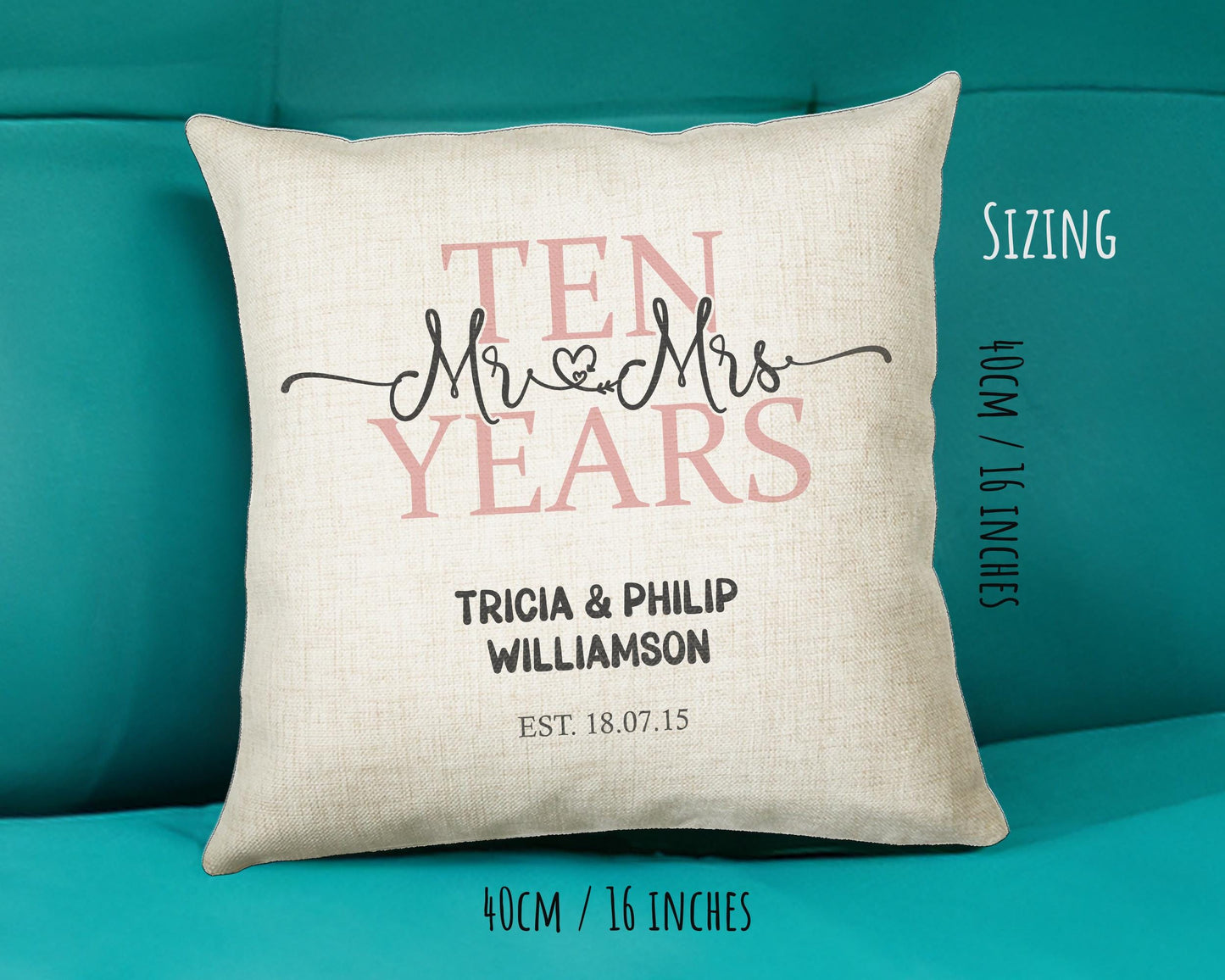 10th Wedding Anniversary Gift for Him for Her - Tenth Cotton Anniversary Gift Cushion Personalised with Names Date Mr and Mrs Married BNJ10C