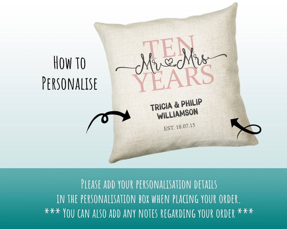 10th Wedding Anniversary Gift for Him for Her - Tenth Cotton Anniversary Gift Cushion Personalised with Names Date Mr and Mrs Married BNJ10C