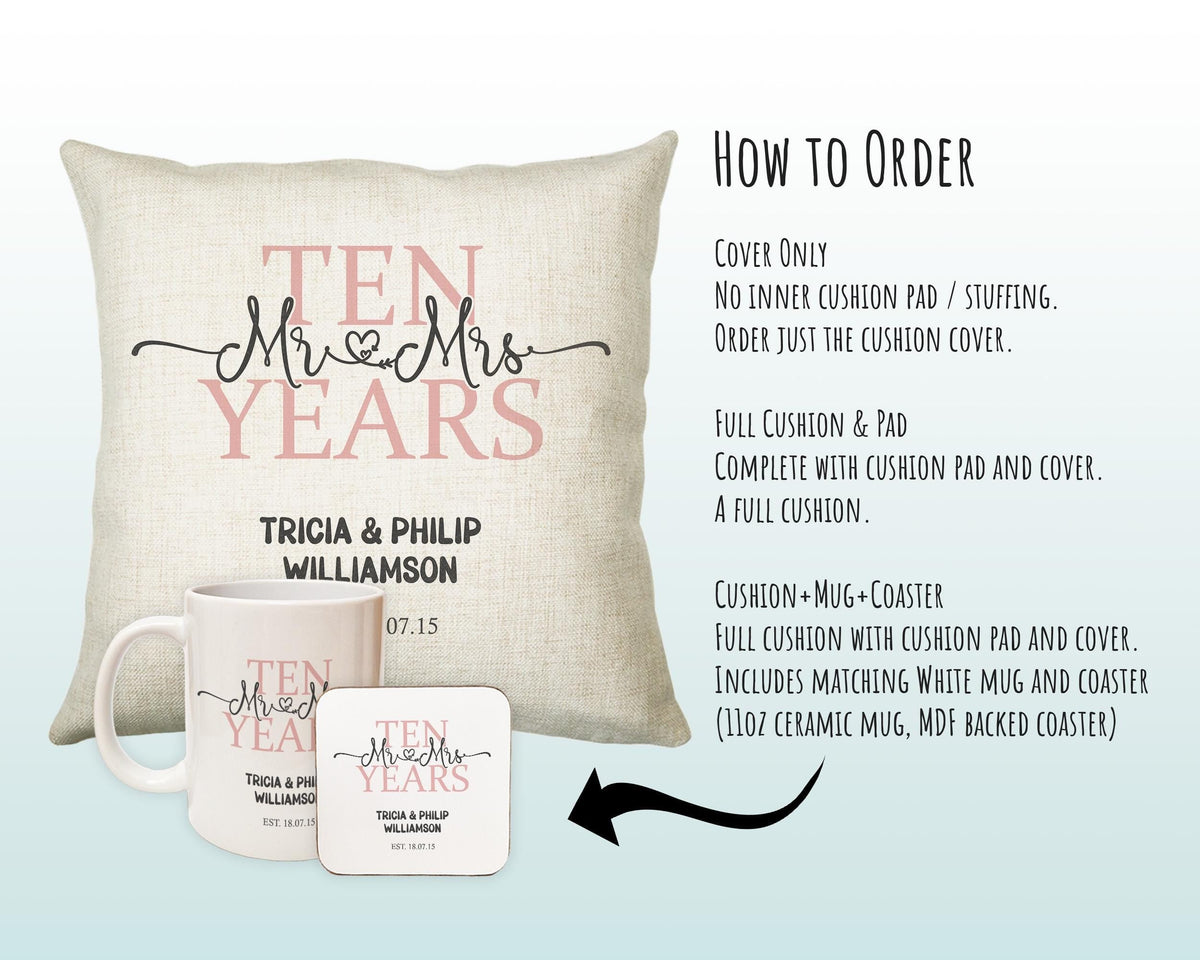 10th Wedding Anniversary Gift for Him for Her - Tenth Cotton Anniversary Gift Cushion Personalised with Names Date Mr and Mrs Married BNJ10C