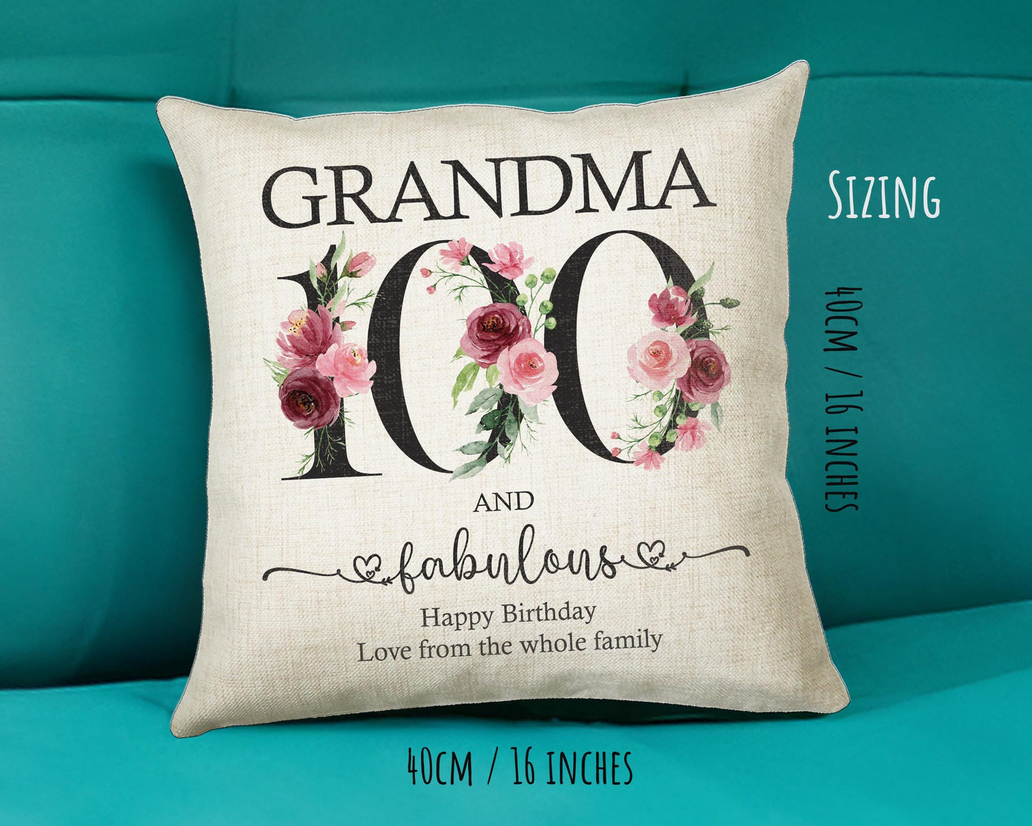 100th Birthday Gift for Women - Personalised 100 and Fabulous Birthday Cushion Age 100 Gift for Her - Ladies Floral Age Grandma Nan BNK100C