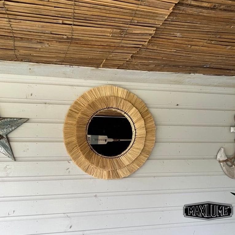 Natural Raffia Coastal Fringe Wall Round Mirror - Boho