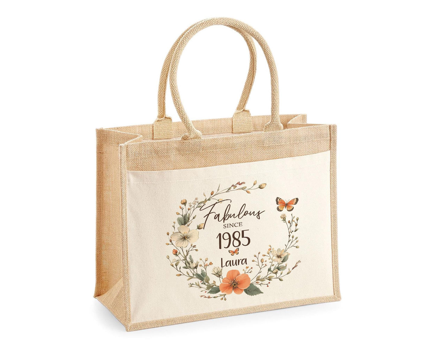 40th Birthday Gift For Women Personalised Jute Bag - Gift For Her Floral Tote Bag Gifts - Forty 40 Fabulous Since 1985 Shopping Bag BNL40T