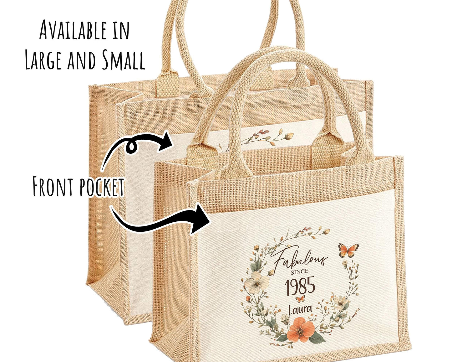 40th Birthday Gift For Women Personalised Jute Bag - Gift For Her Floral Tote Bag Gifts - Forty 40 Fabulous Since 1985 Shopping Bag BNL40T