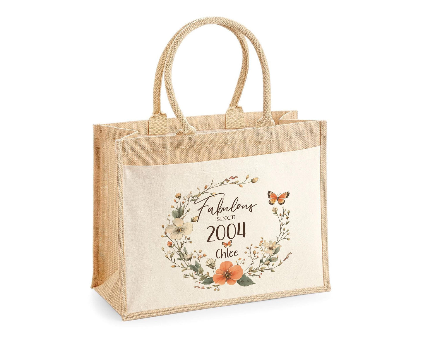 21st Birthday Gift For Women Personalised Jute Bag - Gift For Her Floral Tote Bag - Twenty One 21 Fabulous Since 2004 Shopping Bag BNL21T