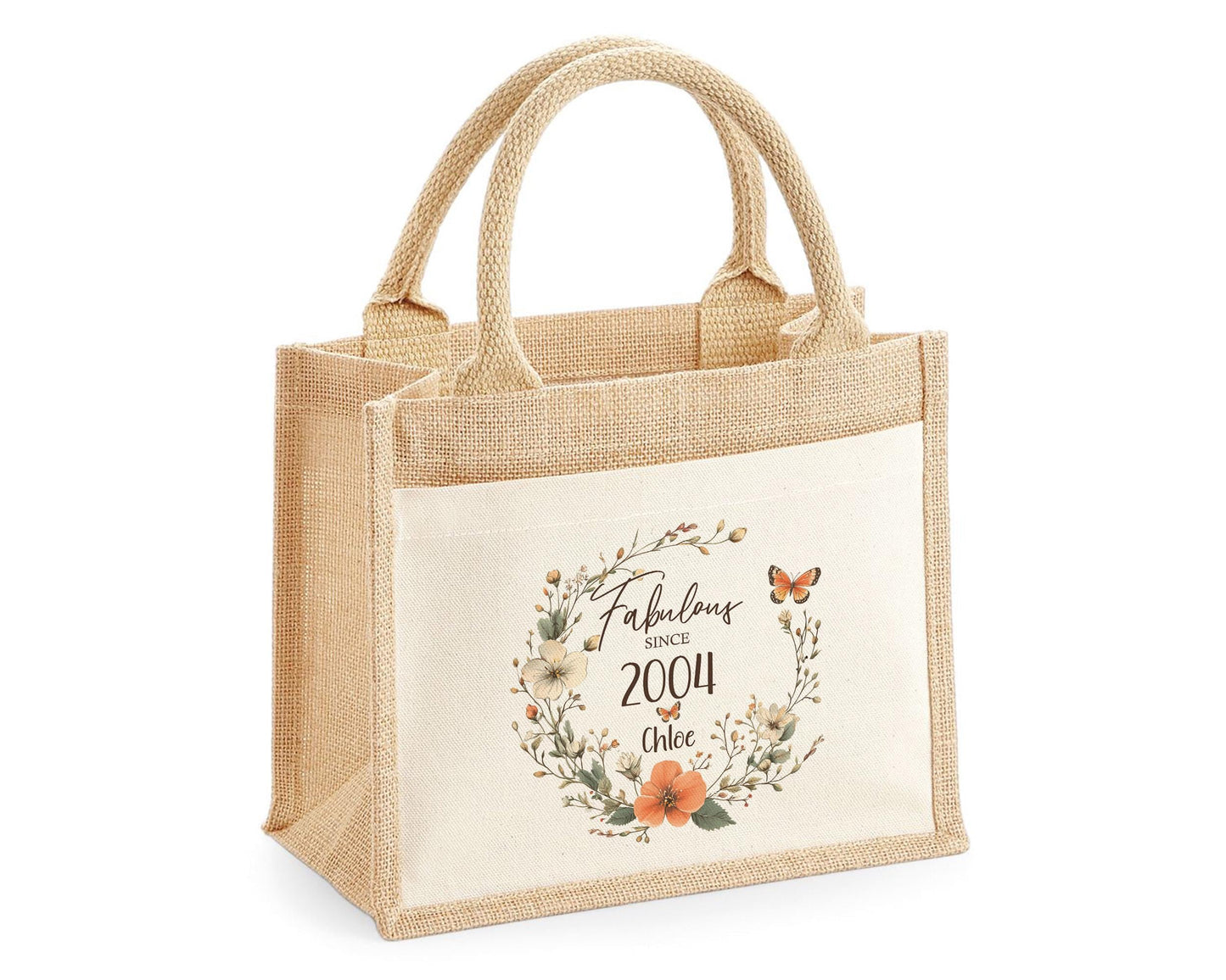 21st Birthday Gift For Women Personalised Jute Bag - Gift For Her Floral Tote Bag - Twenty One 21 Fabulous Since 2004 Shopping Bag BNL21T