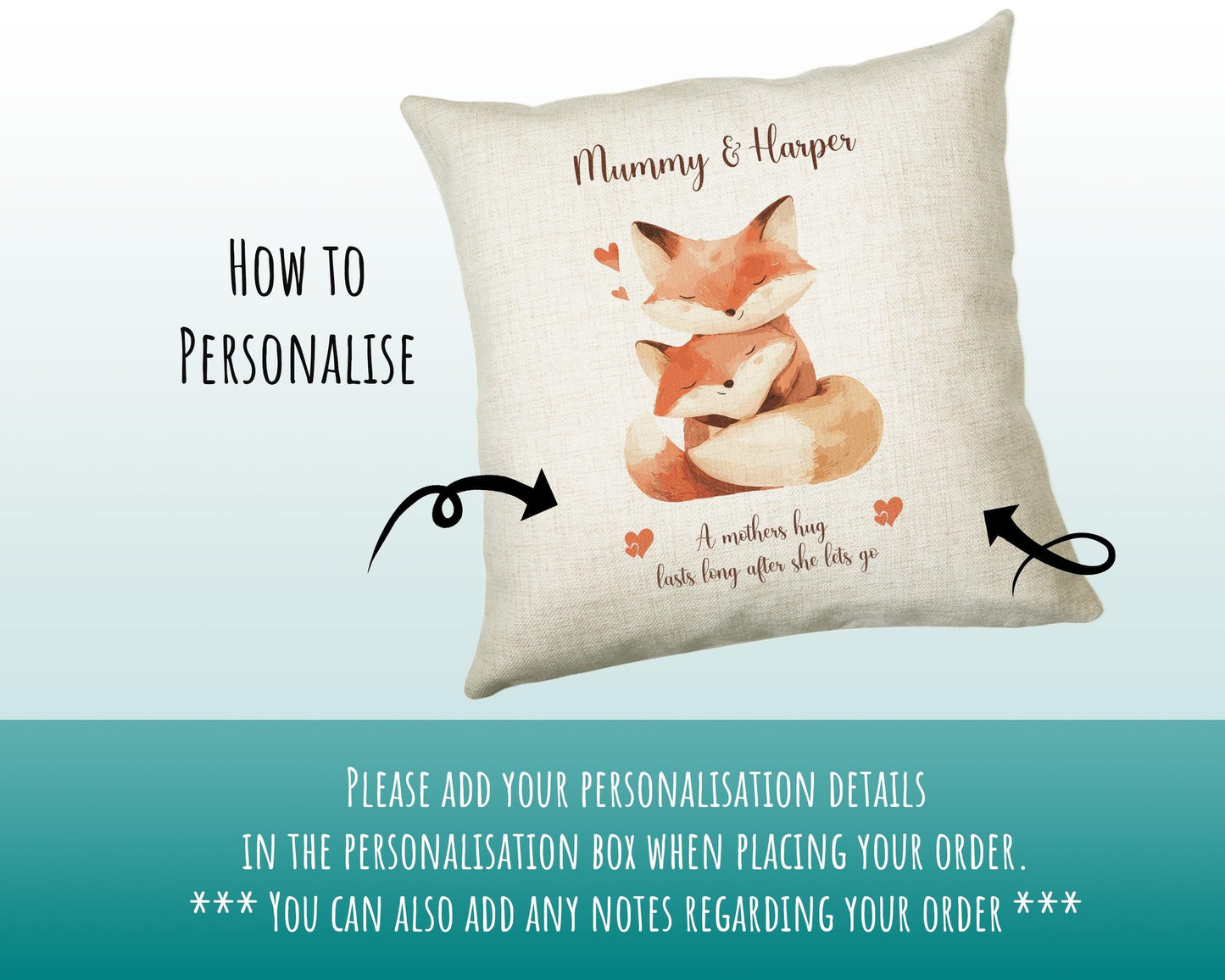 Mum Gift from Son Daughter - Personalised Fox Design Mummy Scatter Cushion Matching Mummy Mug Coaster Gift Set Bundle Gifts for Mum SMC004