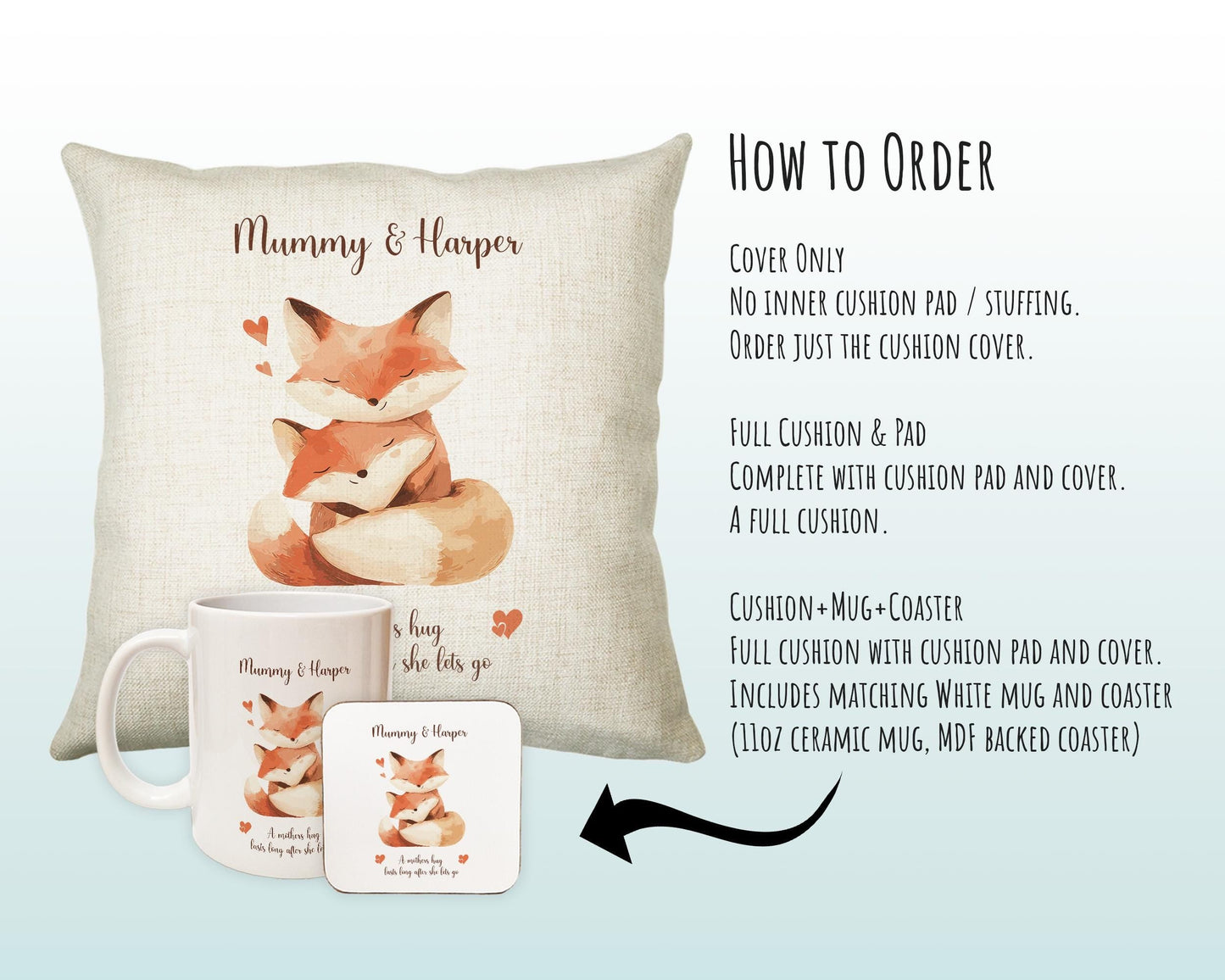 Mum Gift from Son Daughter - Personalised Fox Design Mummy Scatter Cushion Matching Mummy Mug Coaster Gift Set Bundle Gifts for Mum SMC004