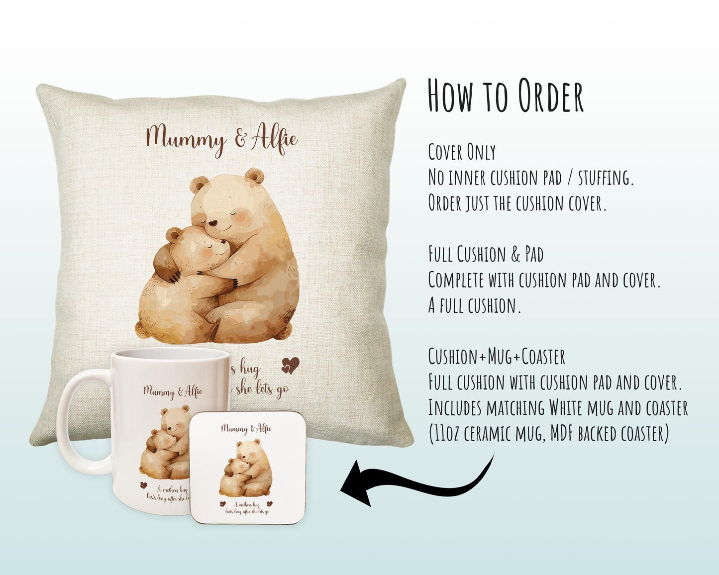 Mum Gift from Son Daughter - Personalised Bear Design Mummy Scatter Cushion Matching Mummy Mug Coaster Gift Set Bundle Gifts for Mum SMC005