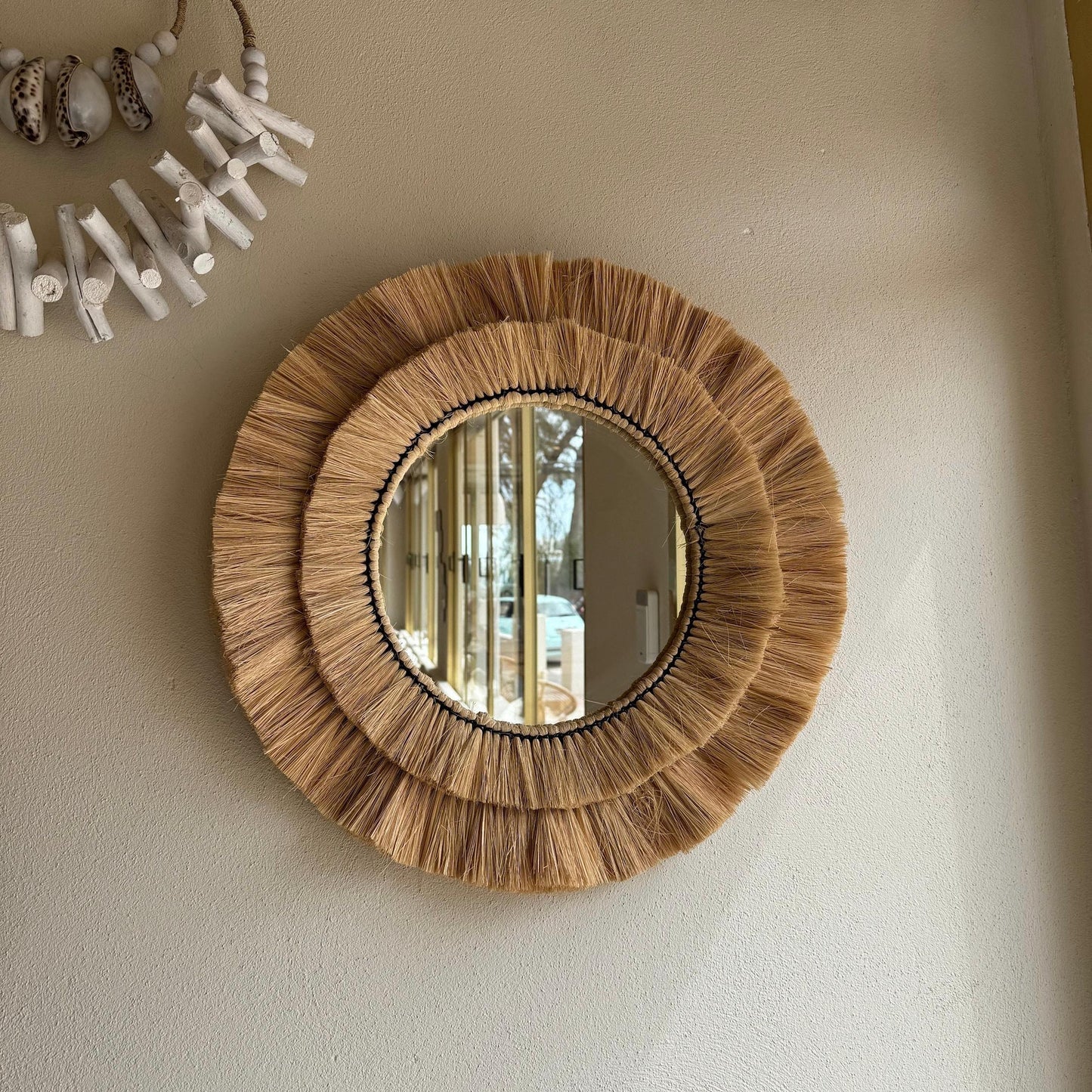 Natural Raffia Coastal Fringe Wall Round Mirror - Boho