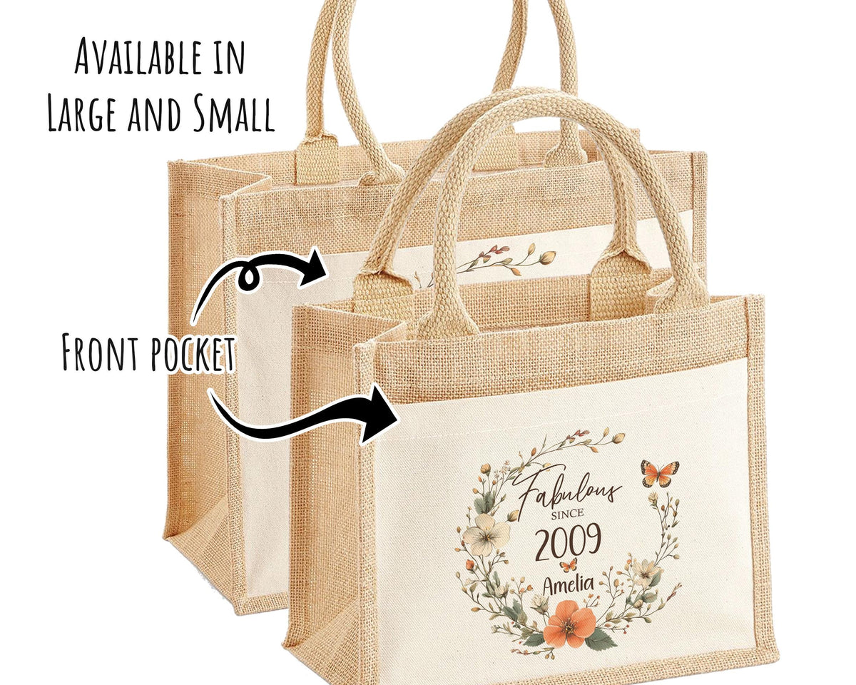 16th Birthday Gift For Her Personalised Jute Bag - Gift For Women Floral Tote Bag Gift - Sixteen 16 Fabulous Since 2010 Shopping Bag BNL16T