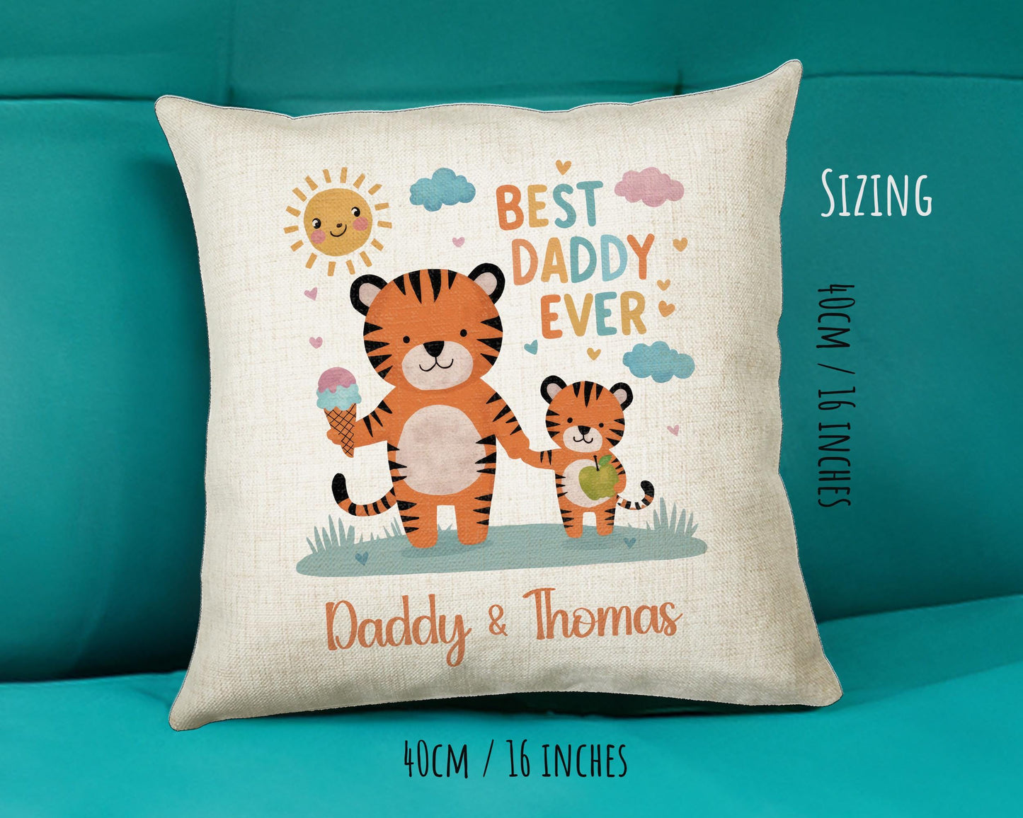 Fathers Day Gift from Son Daughter - Personalised Tiger Design Scatter Cushion Matching Daddy Mug Coaster Gift Bundle Gifts for Dad FD003