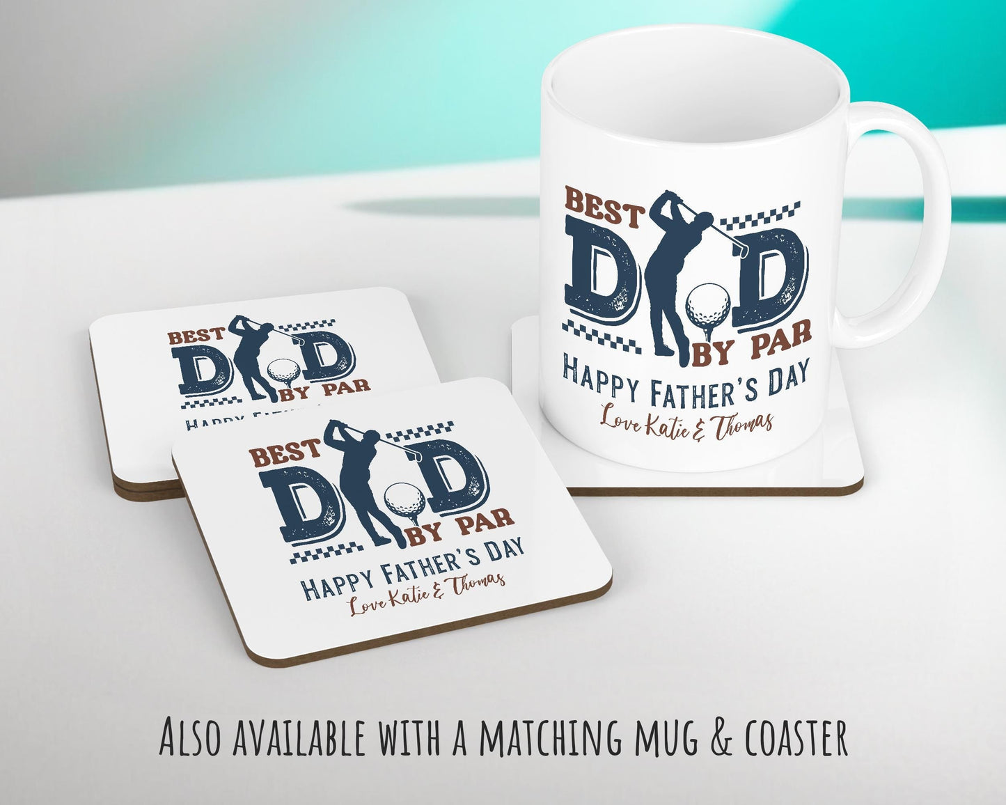 Fathers Day Golf Gift from Son Daughter - Personalised Golfer Design Scatter Cushion Matching Daddy Mug Coaster Gift Bundle for Dad FD014