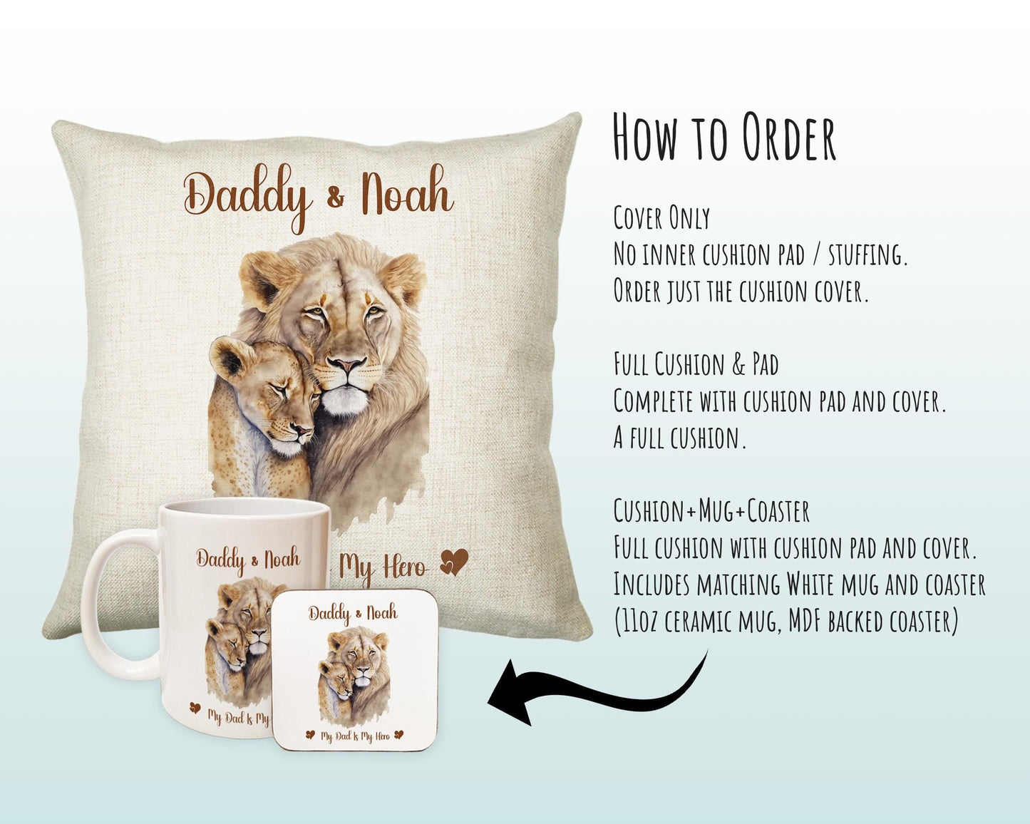 Fathers Day Gift from Son Daughter - Personalised Lion Design Scatter Cushion Matching Daddy Mug Coaster Gift Bundle Gifts for Dad FD002