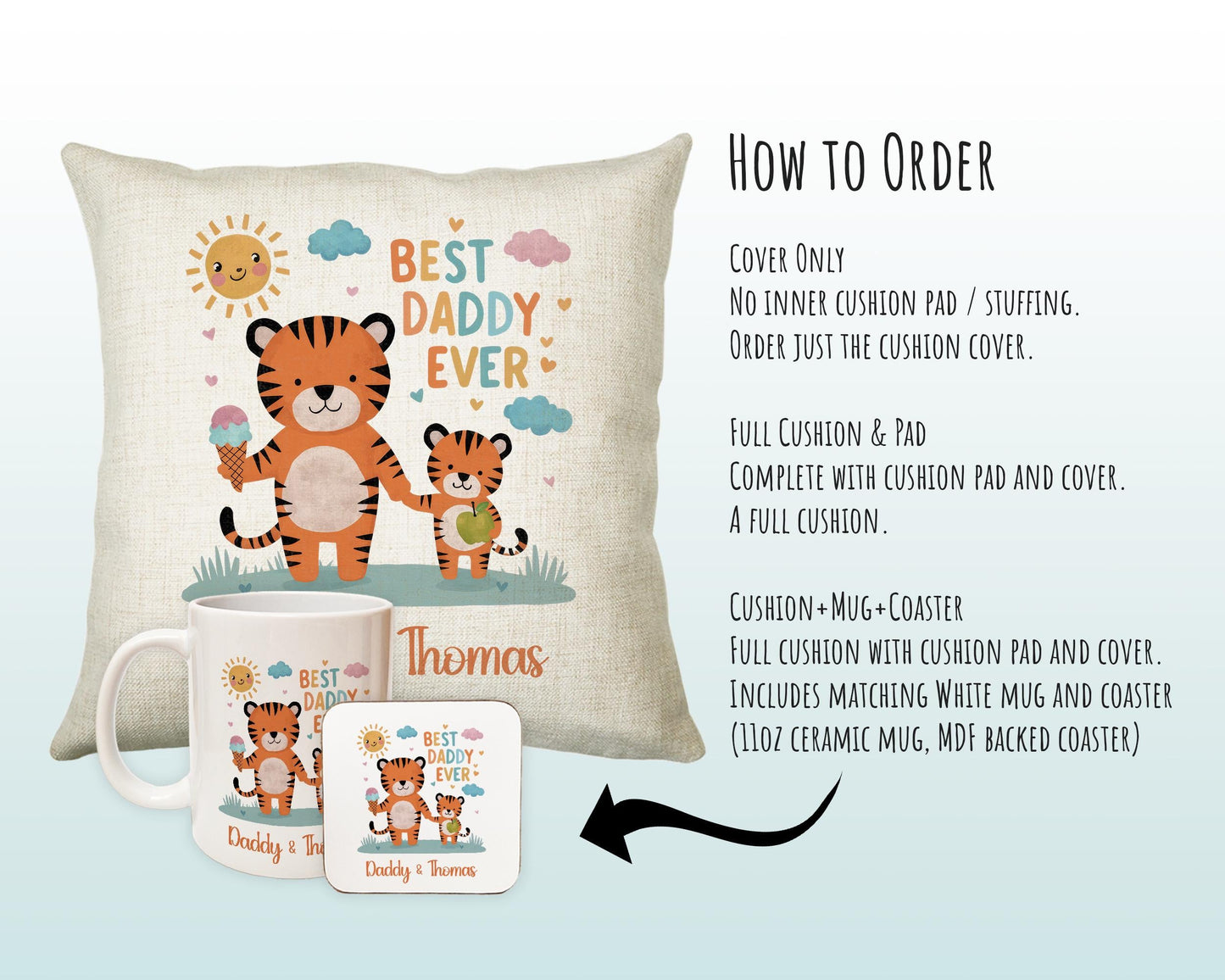 Fathers Day Gift from Son Daughter - Personalised Tiger Design Scatter Cushion Matching Daddy Mug Coaster Gift Bundle Gifts for Dad FD003