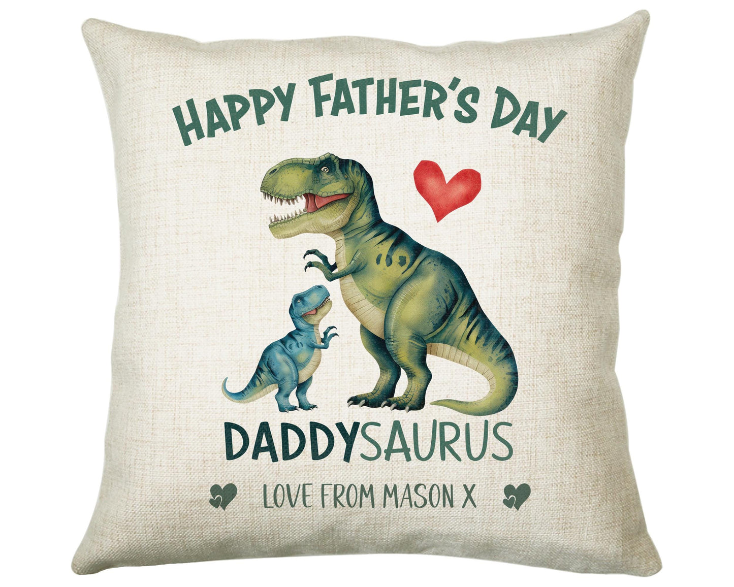 Fathers Day Gift from Son Daughter - Personalised Dinosaur Daddysaurus Design Cushion Matching Daddy Mug Coaster Gift Bundle for Dad FD004