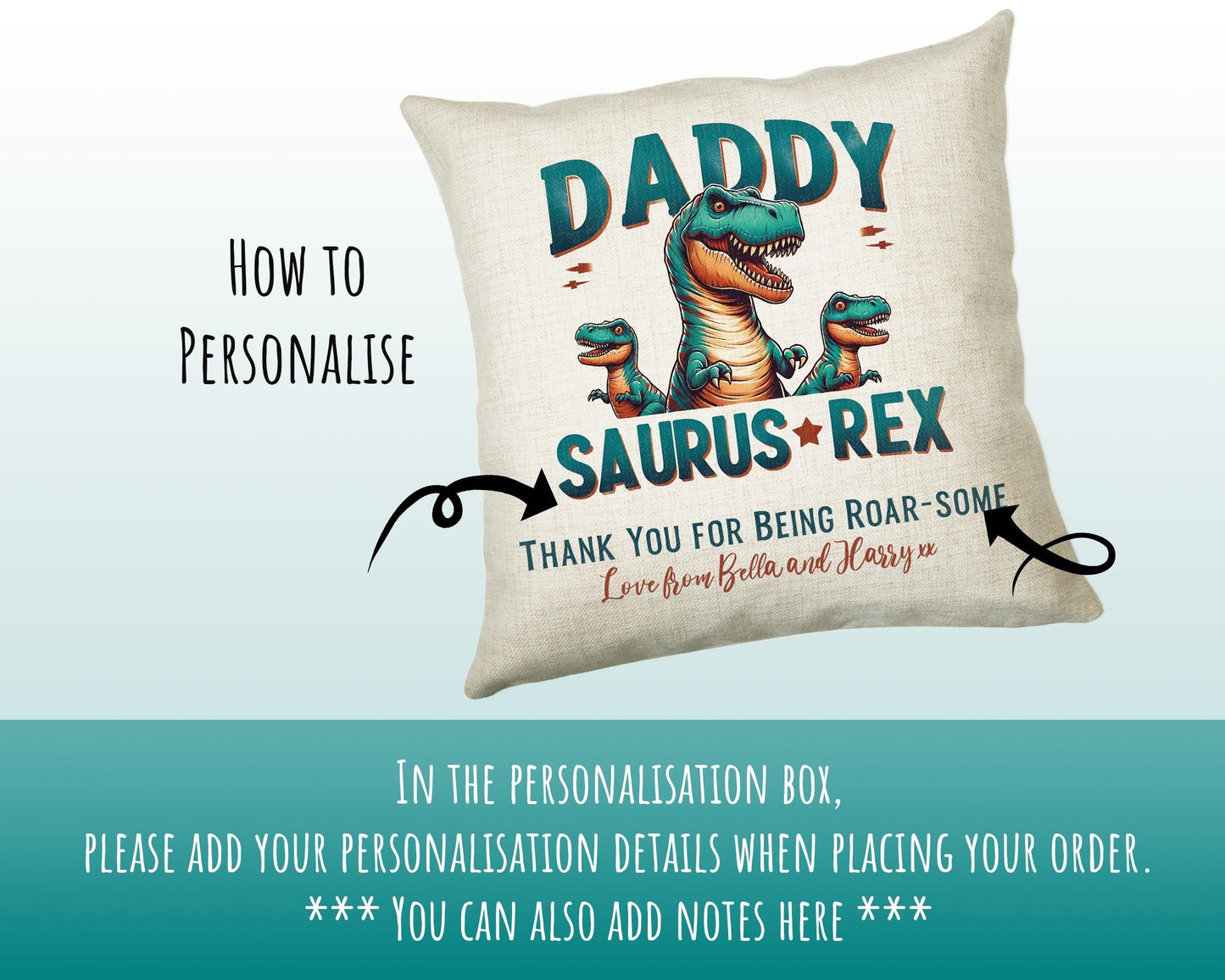 Fathers Day Gift from Son Daughter - Personalised Dinosaur Daddy Design Cushion Matching Daddy Mug Coaster Gift Bundle Gifts for Dad FD019