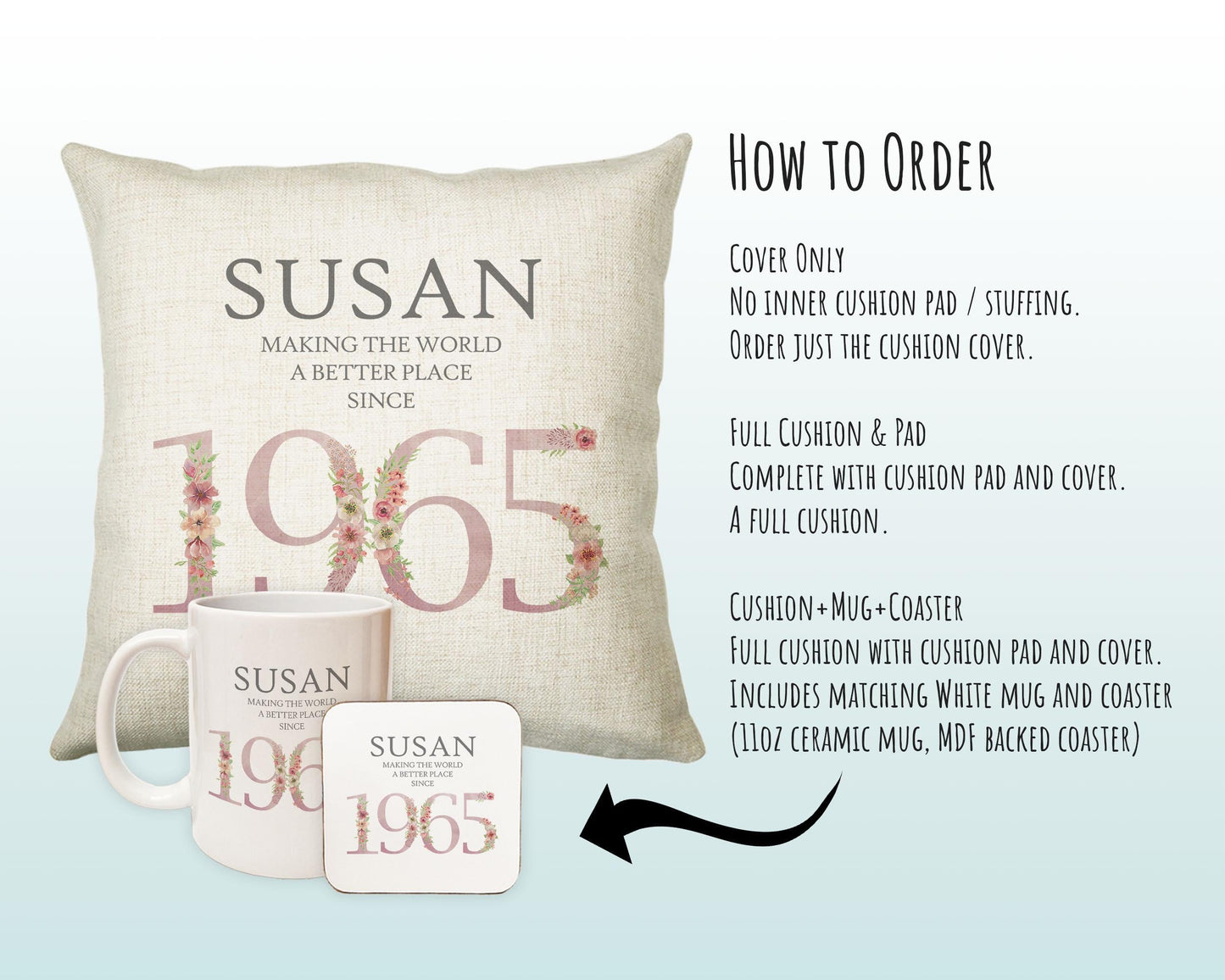 60th Birthday Gift for Women - Personalised 1965 Birthday Cushion Age 60 Gift for Her - Ladies Floral Age Design Mum Nan Gran Sixty BNM60C