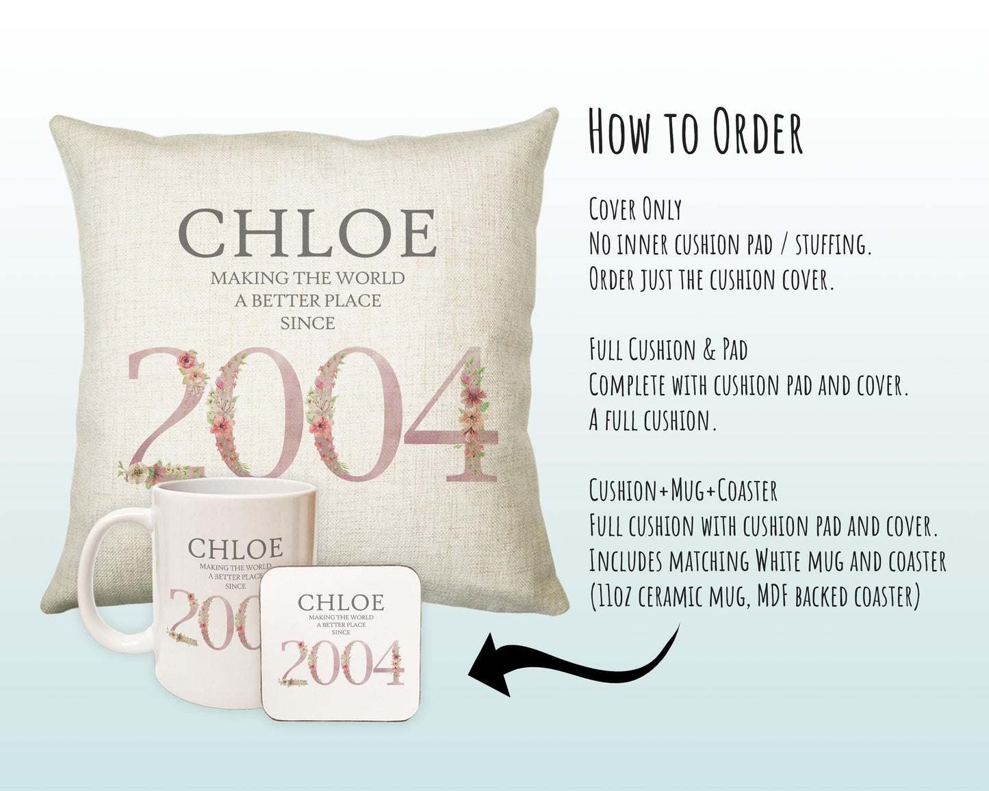 21st Birthday Gift for Women - Personalised 2004 Birthday Cushion Age 21 Gift for Her Lady Floral Design Daughter Sister Twenty One BNM21C