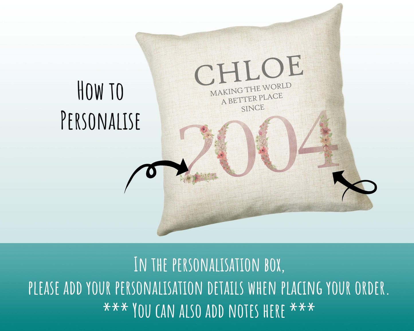 21st Birthday Gift for Women - Personalised 2004 Birthday Cushion Age 21 Gift for Her Lady Floral Design Daughter Sister Twenty One BNM21C