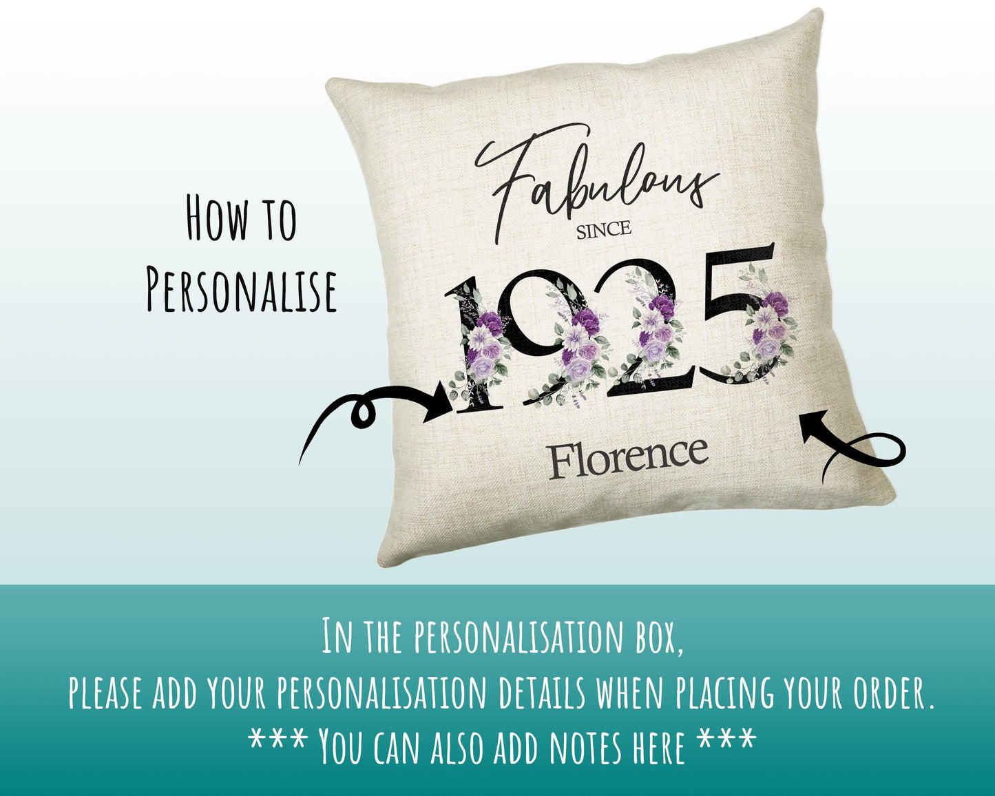 100th Birthday Gift for Women - Personalised 1925 Birthday Cushion Age 100 Gift for Her - Ladies Floral Design Mum Nan Gran Hundred BNP100C