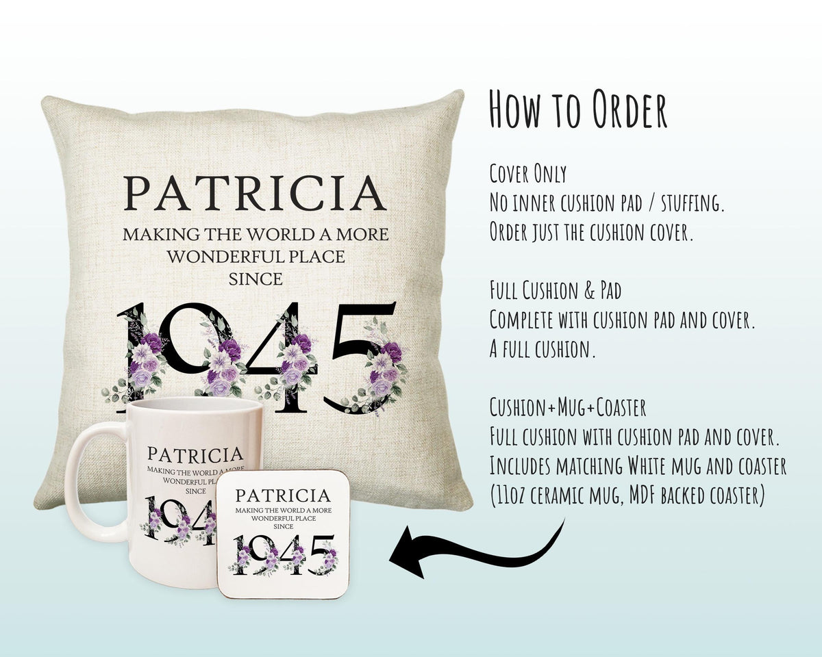 80th Birthday Gift for Women - Personalised 1945 Birthday Cushion Age 80 Gift for Her - Ladies Floral Age Design Mum Nan Gran Eighty BNQ80C